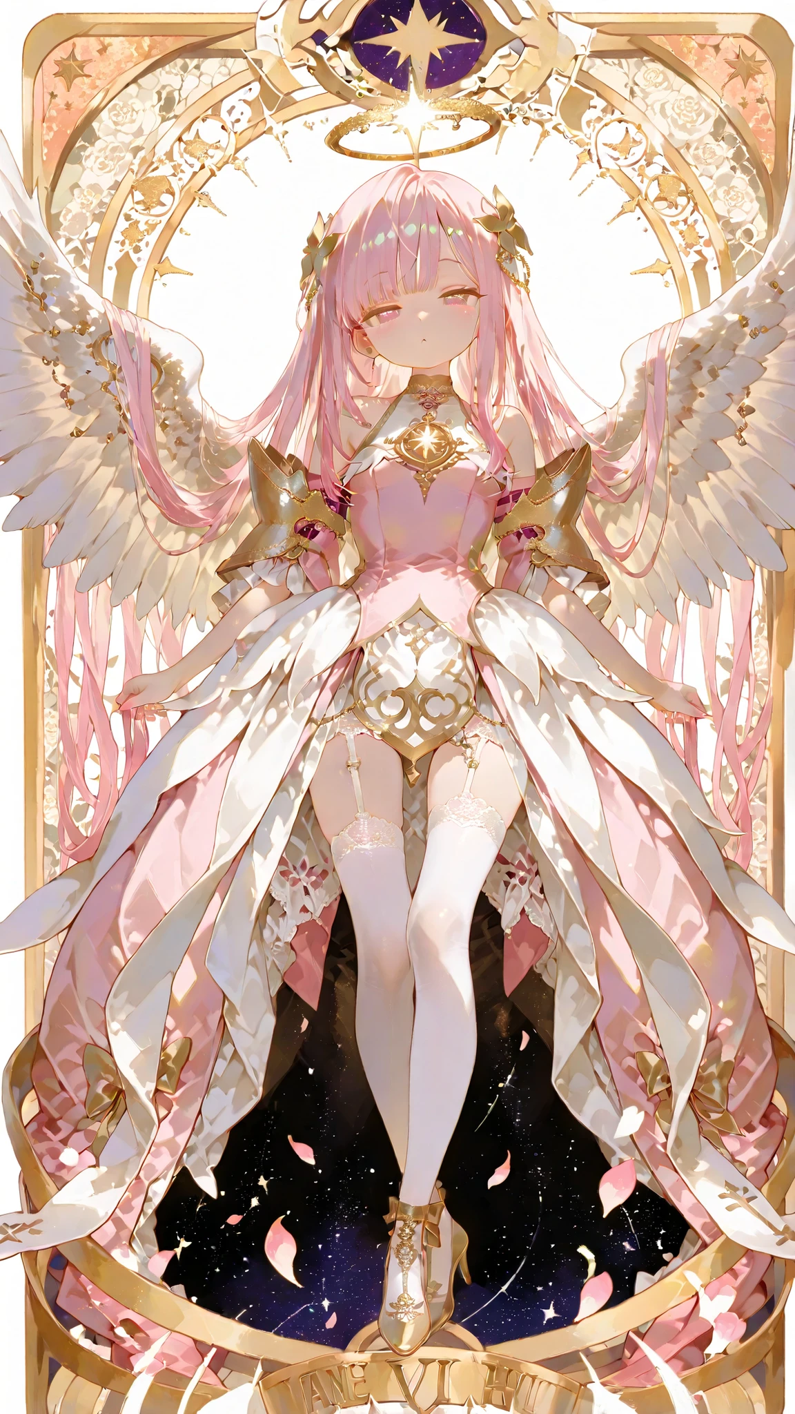 battlemage_neopresencia,,Outstanding Works,Slightly realistic, Excellent quality, Very beautiful, 超high resolution, high resolution,anime style,,Very delicate eyes and features. Tarot series style. Angel Cards. Anime drawing in the style of Tinkle, a cute younger girl with a drowsy expression, white angel wings on her back, bows at the ends of her hair and a sleepy expression, puffy eyes, wearing a magical light pink dress with lots of bows, lace, and embellishments, fluffy and light, vibrant but pastel colours, fine details , fantasy , bright light! ethereal , with falling petals in the background White stockings. Lace-up high heels, . Full body shot of the character, frontal view, front view