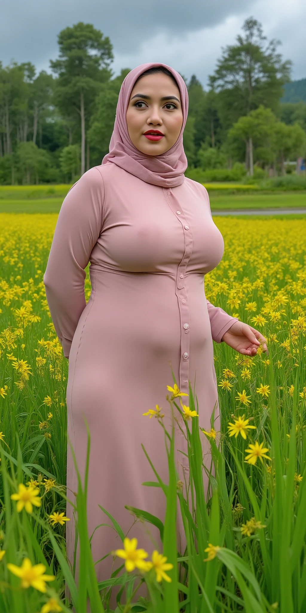 ( Close Up),RAW, Best quality, high resolution, works: 1.3), Beautiful Malay woman in hijab, Masterpiece, fit body, big breasts, beautiful big eyes, Soft smile, beautiful face, woman sitting at a table in a green meadow, traditional beauty, moment sunset, in the field, in the countryside, beautiful woman, with the sunset, wearing a soft long dress,muslim, on a wooden table, hijab, beautiful woman, with a beautiful appearance, a very beautiful masterpiece, a masterpiece of art, good lighting, Bright colors, Clean lines, chubby body, wide chubby hips, chubby arm, chubby massive thighs , massive cleavage , massive armpits , white armpits , armpit hair , extra cleavage, full body