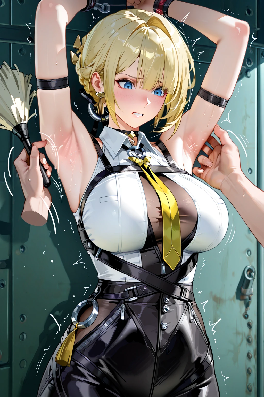 masutepiece, (Best Quality), Lucy Heartphilia, blonde hair, length hair, large full breasts, white button-up shirt, Nipples showing, a blue skirt, NSFW, Vagina showing, Bound, Bondage, (arms behind back:1.4), BDSM, tape gag, tape, TAPE BONDAGE, close-up, srestrained, best anatomy, Curled up, Upper body,