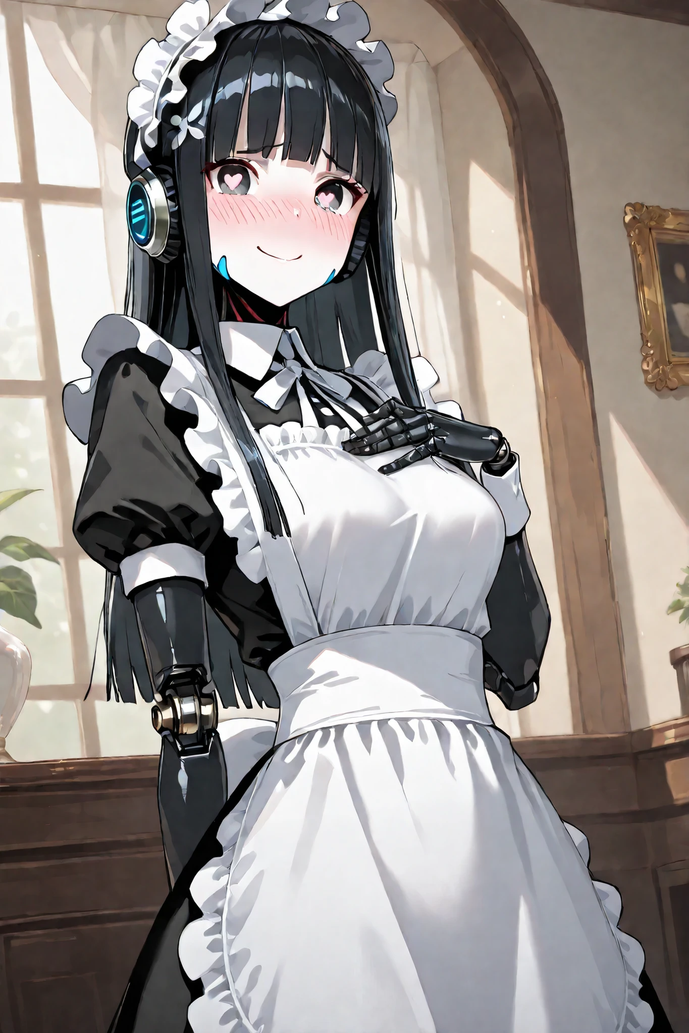 masterpiece, best quality, ultra detailed, 8k, high resolution, professional photography, cinematic lighting, intricate details, sharp focus, 1 girl solo. robot girl, droid body, human face, Victorian maid uniform, headphones, maid headband, short black hair, straight hair, gray eyes, looking at the viewer, shy smile, blushing, hand on chest, nervous expression, heart eyes.