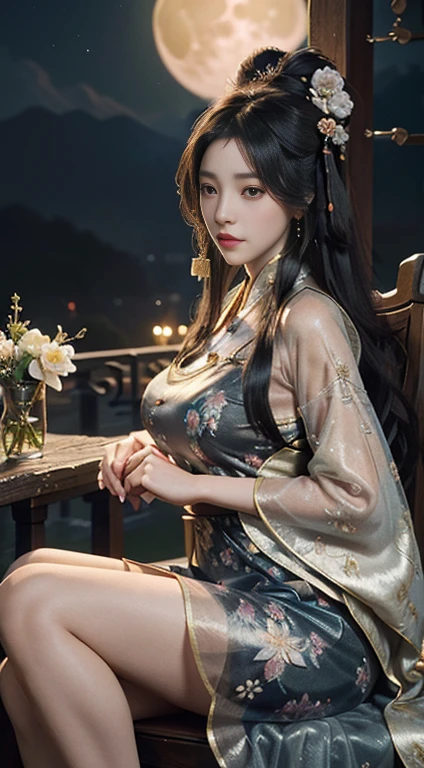 ((full body)), ((Shot from a random perspective)), ((lying down)), ((Lying in the pond and playing with water)), a beautiful woman, in the darkness, night, night view, moonlight, antique buildings, bamboo huts, plant,  and play in the water, Soaked all over, wet hair, pretty face, masterpiece, original photo, best quality, detail, lifelike, Very detailed, official art, (extremely beautiful face, beautiful lips, Nice big eyes), detail的脸, A plump , cleavage, Slender  legs, Leaking legs, Very nice legs,  pose, grace, bright smile