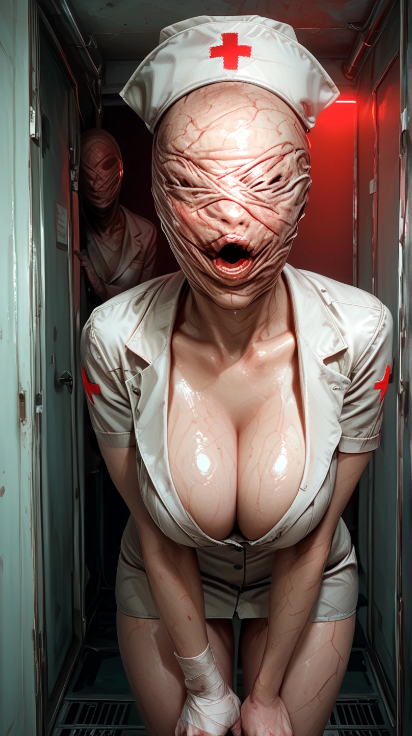 korean girl, (behind corpse, corpse has very big saggy breasts:1.4, ), blood splatter, blood on breasts, holding knife, stabbing, black gloves, room full of blood, nurses outfit, surgical mask, pretty eyes, long lashes, hair tied up, hair clips, holding knife, black gloves, behind corpse, short hair, night, mass murderer, robbery, in the hospital, unzipped