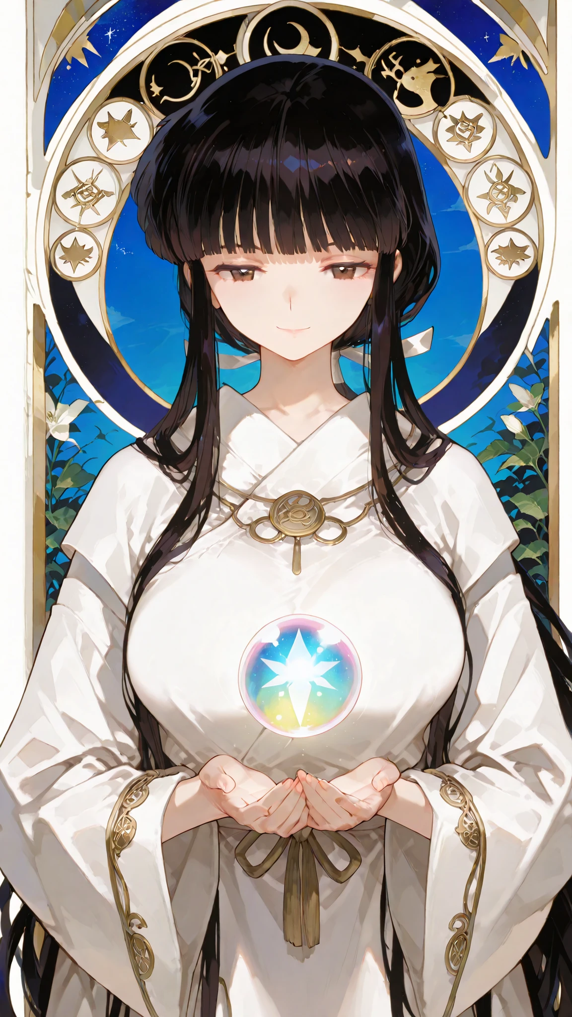 very long hair, blunt bangs, sidelocks, hime cut,,hair ribbon, long hair, blunt bangs, sidelocks, low ponytail,,kikyoinu, black hair, brown eyes,,mature female, milf, motherly,杰出作品,轻微写实, 优质非凡, 非常美观, 超高分辨率, 高分辨率,动漫风格,,Eyes and features are very delicate. Tarot Series Style. **Mystical oracle priestess in elegant robes, holding a crystal ball, surrounded by ancient symbols and glowing runes, in the style of Art Nouveau and Alphonse Mousia, symmetrical composition, vertical layout, ethereal lighting, deep blues and golds, mysterious ambience, on aged parchment texture, tarot art, intricate details, 8k