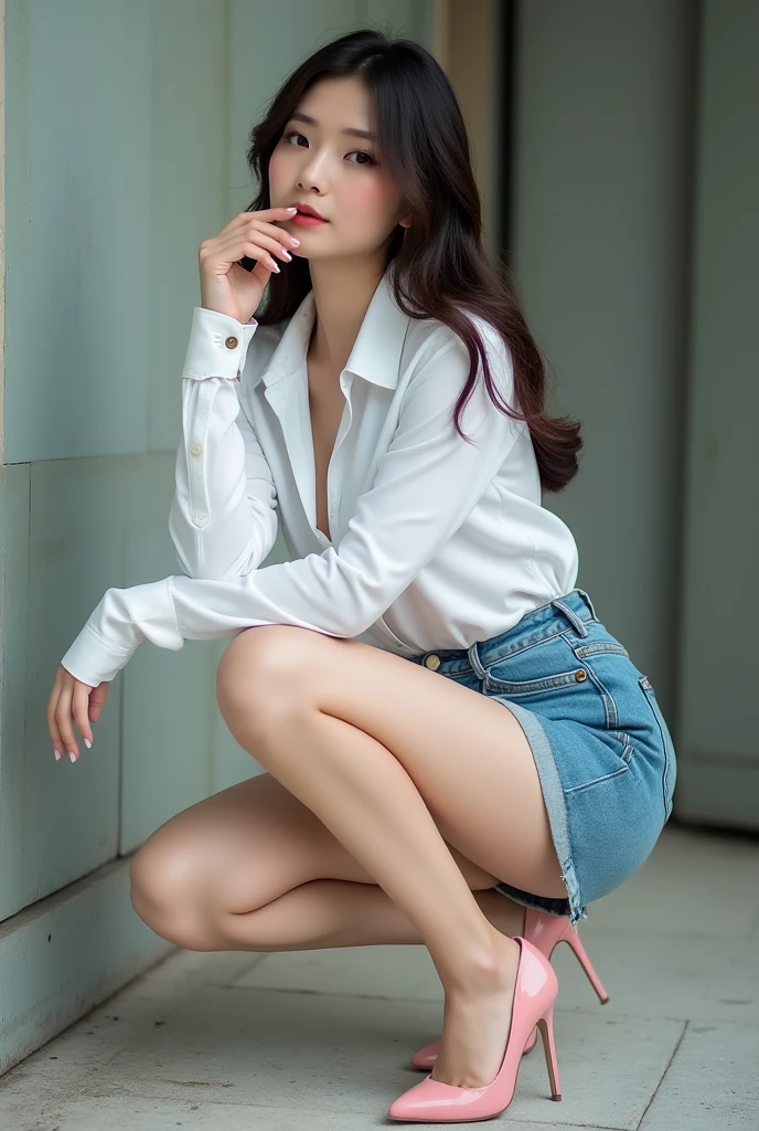 ulzzang -6500-v1.1, (Raw foto:1.2), (Photorealsitic:1.4), a beautiful detailed girl, extremely detailed eye and face, Beautiful detailed eyes, Ridiculous, Unbelievably ridiculous, huge filesize, ultra-detailliert, hight resolution, ighly detailed, top-quality, masterpiece,, ((Slender figure with big breasts)),gravure, ighly detailed, nffsw, unification, 8kwall paper, splendid, finely detail, masterpiece, top-quality, Highly detailed ticker uniform、8K、wall-paper, Light on the Face、电影灯光、24-year-old girl、((Body type of slender model))、((dynamicposes)))、(A big smile)、(Transcendent Beautiful Girl)、A dark-haired、(Random hairstyle)、((dunhuang_doress))、Whole human body、stick out buttocks、Depicted mainly on the buttocks、Big buttocks with tension、I can see the cleavage、Hotel、Royal Suite、a bed、Sleep on your back、Knees upright and legs wide open、Dark blue suit、White tight skirt、White shirt、Black underwear、