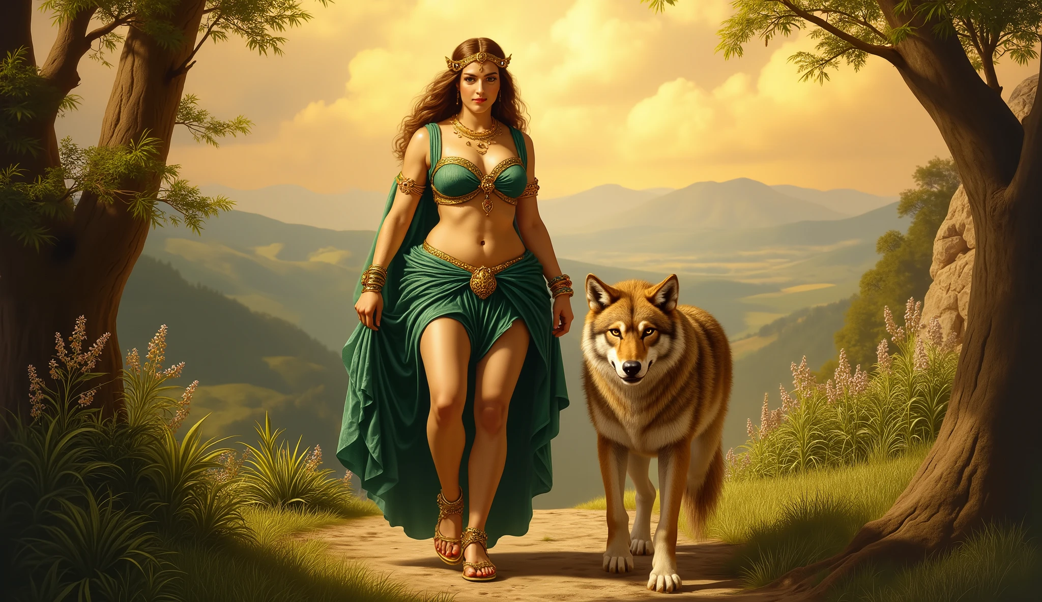 Full hd image of roman mythology godess lupa walking with the fierce wolf