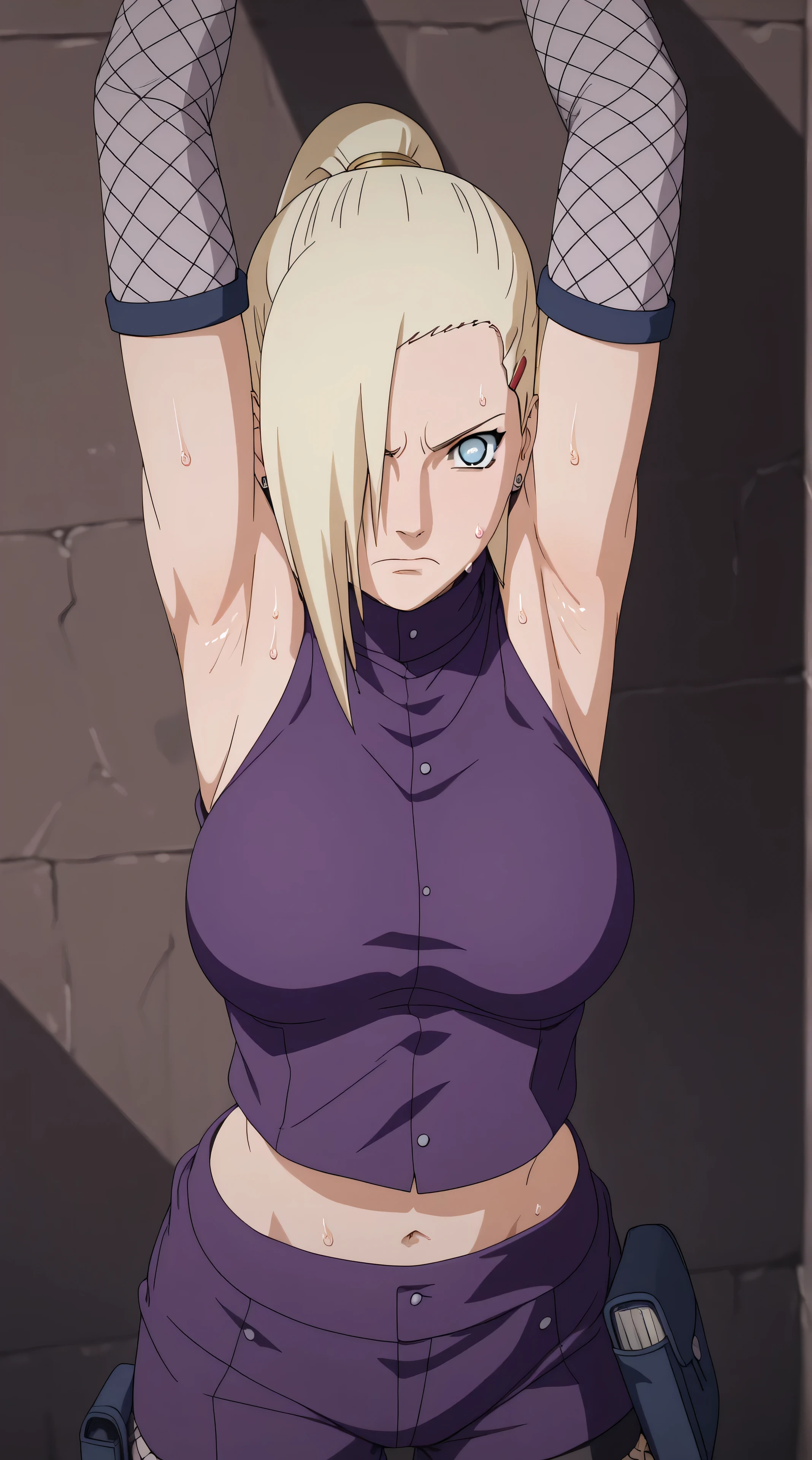there is captived woman in a purple top posing sensualy in the back alley, inspired by INO, rendered in sfm, ino from naruto, anime styled 2d, close up bust shot, looking like ino yamankana, kunoichi, bust shot, armpit, armpit showoff, high detailed armpit, high detailed image, yamanakaino,1girl,solo,blonde hair, hair over one eye, blue eyes, high ponytail, ponytail, long hair, hairclip, hair ornament, earrings, , , purple skirt, purple shirt, turtleneck, shoulders, crop top, navel, midriff, fishnets, thigh pouch, fishnet armwear, fishnet legwear, bike shorts, sleeveless turtleneck, looking at viewer with disgusted expression, cyan eyes color, scared face, sexsy tummy, navel, sweat, 3 d render, cgi render