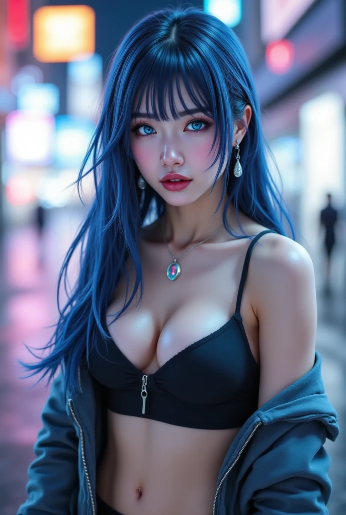 Red and blue hair, blue eyes, 15 y.o girl nude in mall