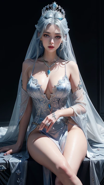 photorealistic, high resolution, soft lights, 1women, solo, smile, hips up, (blue eyes, long hair, white hair), wedding dress, bridal dress, ([luxury tuxedo: :12][:wedding dress:7]:1.4), indoors, bangs,necklace, large breasts, (cathedral, wedding:1.2), heavy lace, jewelry, arm tattoo