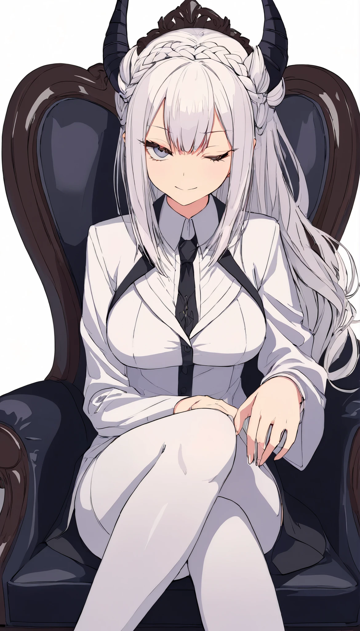 score_9, score_8_up, score_7_up, ((masterpiece)), (best quality), solo, a demon girl, Half closed eyes, delicate black pupils, contemptuous smile, white skin, white braided hair, sit on the throne, style: midjourney, Two-point perspective, depth of field, empty white background, big breasts, black suit, full body