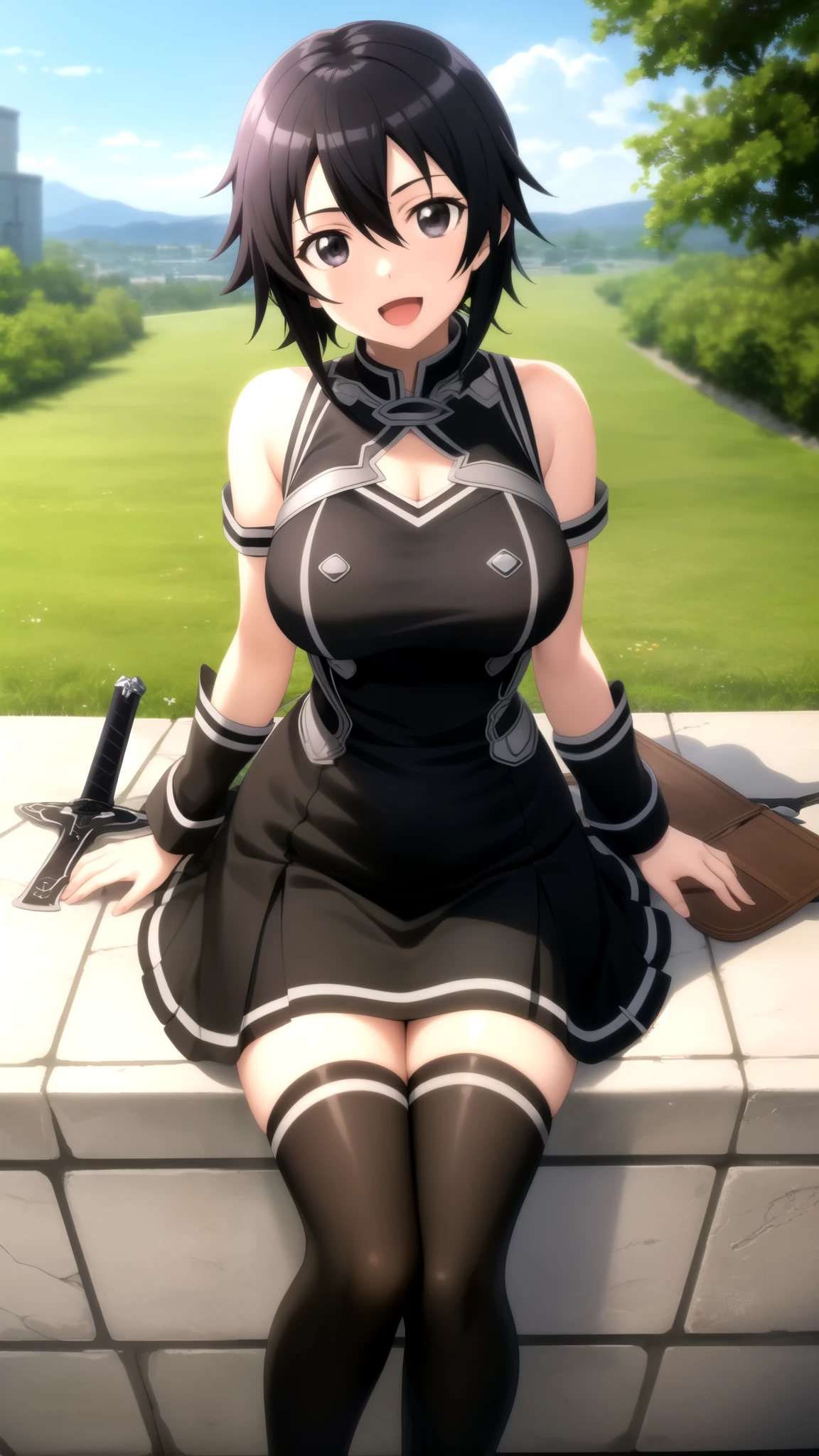 Masterpiece, Best Quality, girl, looking at viewer, Kazuto Kirigaya, Sword art Online, Black hair, hair Between eyes, Black Eyes, large breasts, Masterpieces, Best Quality, girl, looking at viewer, Shuu Ouma, Brown hair, short hair, Brown eyes, large breasts, sleeveless idol dress, very puffy skirt, flared skirt, thigh highs, heeled boots, sitting, smile, open mouth, outdoors
