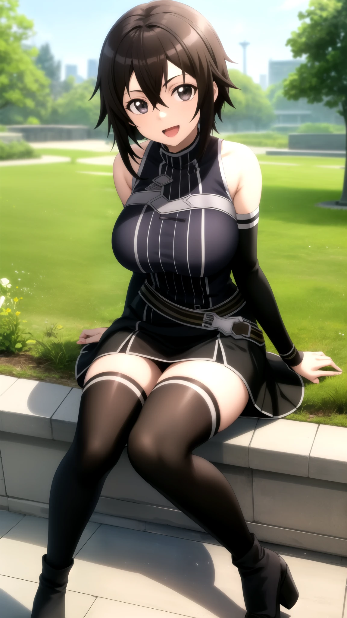 Masterpiece, Best Quality, girl, looking at viewer, Kazuto Kirigaya, Sword art Online, Black hair, hair Between eyes, Black Eyes, large breasts, Masterpieces, Best Quality, girl, looking at viewer, Shuu Ouma, Brown hair, short hair, Brown eyes, large breasts, sleeveless idol dress, very puffy skirt, flared skirt, thigh highs, heeled boots, sitting, smile, open mouth, outdoors