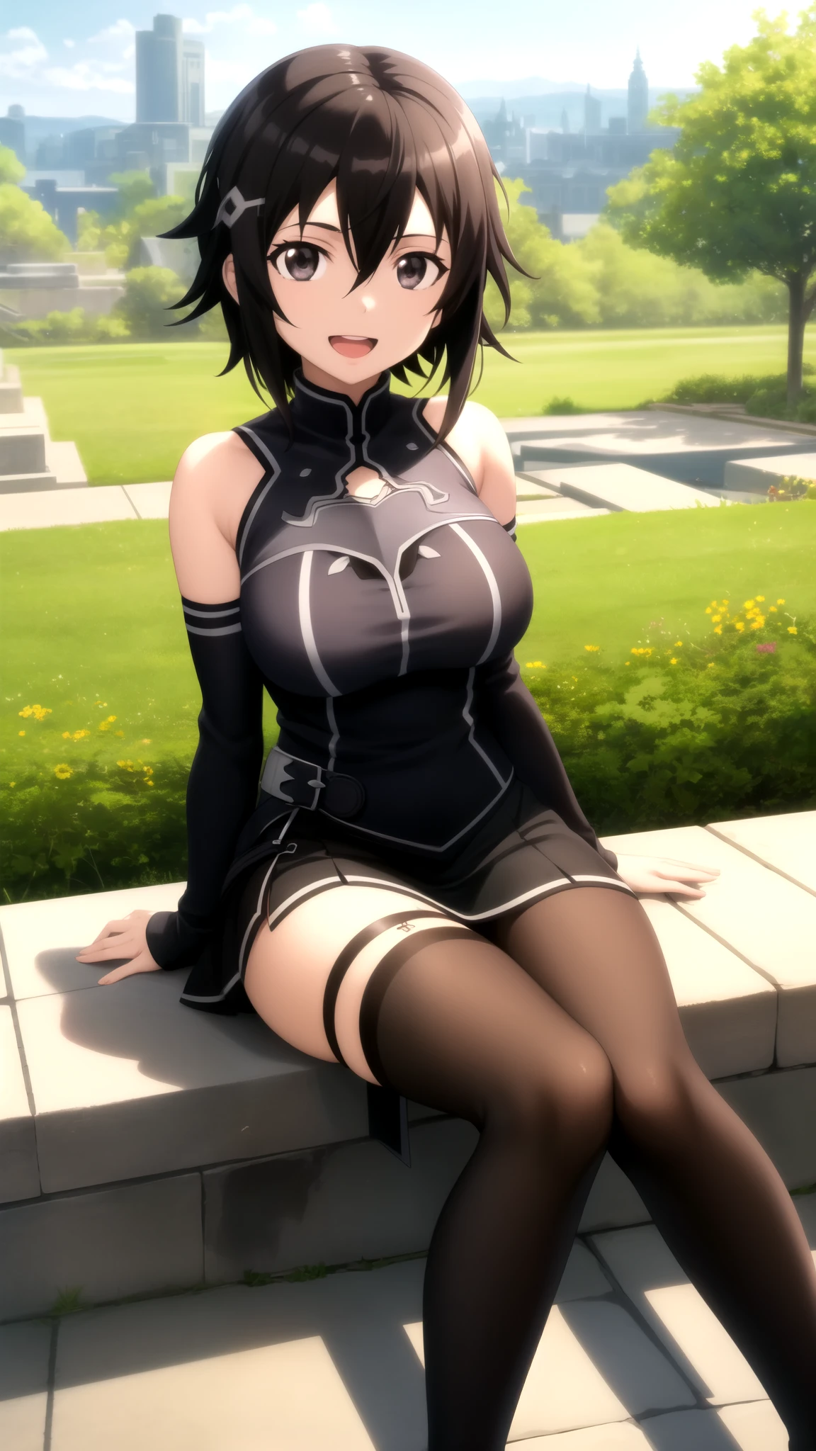 Masterpiece, Best Quality, girl, looking at viewer, Kazuto Kirigaya, Sword art Online, Black hair, hair Between eyes, Black Eyes, large breasts, Masterpieces, Best Quality, girl, looking at viewer, Shuu Ouma, Brown hair, short hair, Brown eyes, large breasts, sleeveless idol dress, very puffy skirt, flared skirt, thigh highs, heeled boots, sitting, smile, open mouth, outdoors