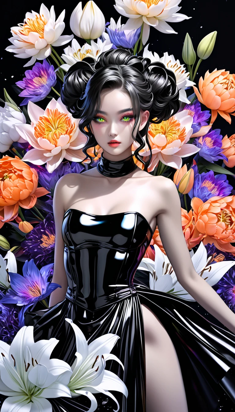 ((One, 1 girl, tattoos, glowing tattoos, brilliant, white-fluffy 16+), (skull, Flowers), (black transparent dress-clothing)), (sexual, erotic)) _((Delicate scarlet lips), (straight black hair - long, basic moments, blue, cascade), (multi-colored brilliant hair), (cool shine, Wet straight hair))_((stylization; clear line, clear outline, high quality line drawing, shading))_((simple color palettes), (color fill, Color saturation, saturation, harmony, balance), (rich pastel colors, Pure colors), (cyberpunk))_((sexual, erotic), (simple, Minimum accessories), (Necklaces and thin rings made of silver or gold.), (simple bracelets, unusual designs, simple silhouettes), (erotic style))_((background),(abstract minimalism), (stunning cybernetic Flowers), ( lilies, extremely unusual, long stems - large stems, skull, Flowers)).