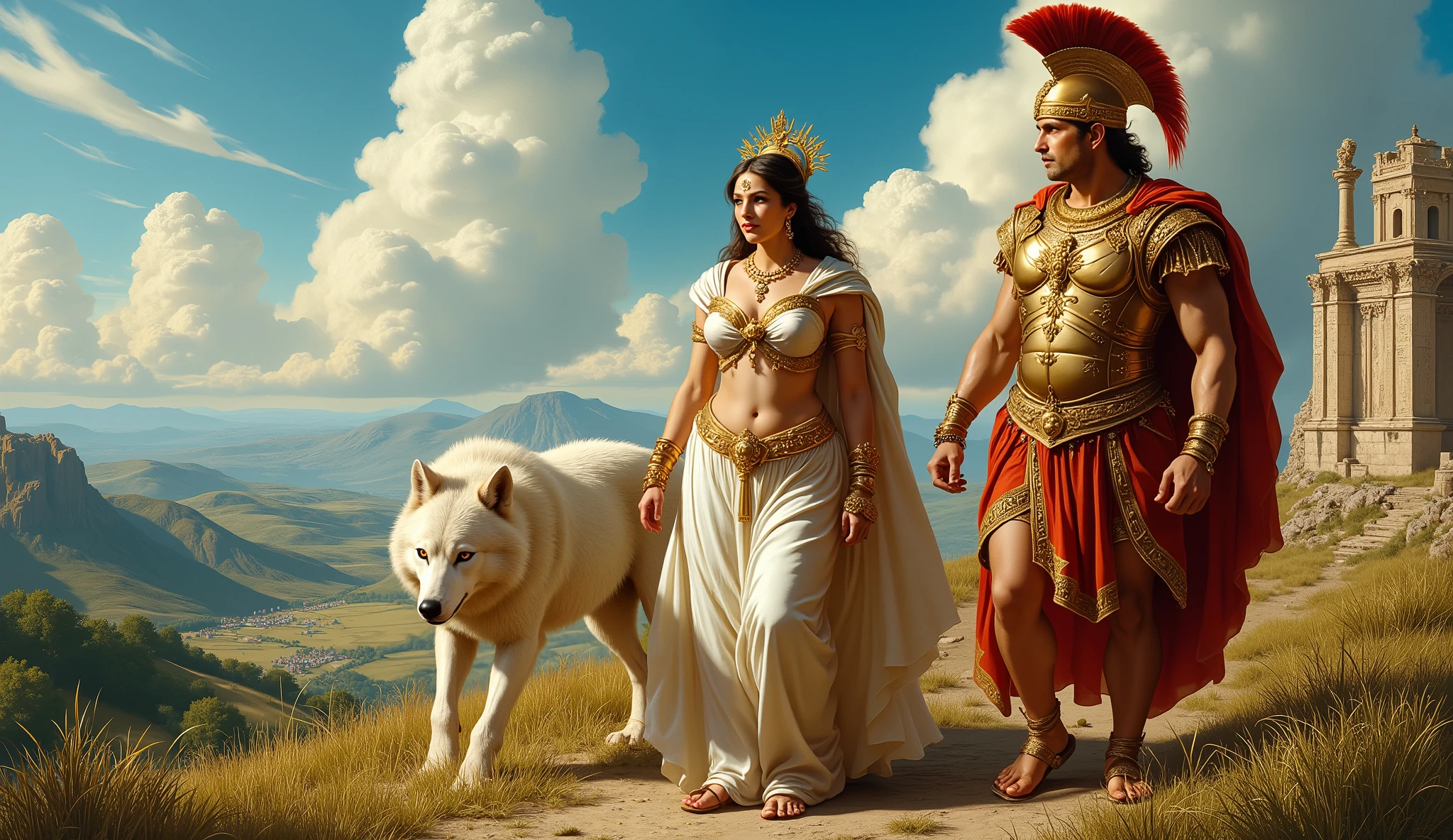 Full hd image of roman mythology godess lupa and a roman soldier walking with a big white wolf 