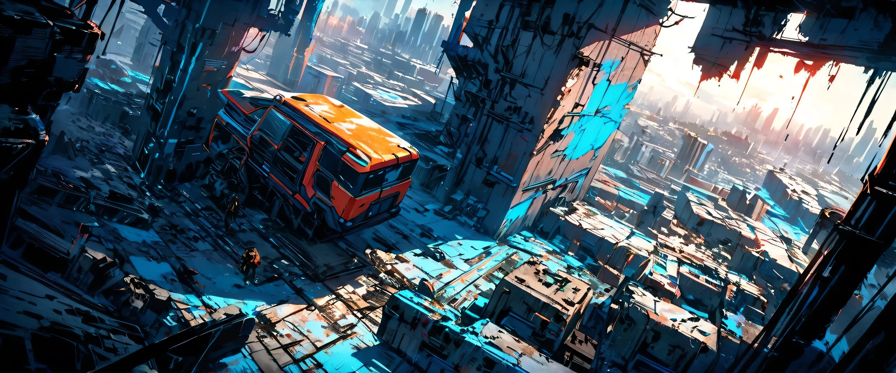 Create a view from the central perspective of the image Sci-fi scene of a damaged square and streets of a Cyberpunk city, with lot industrial pipework, painted with strong colors combined with an ink line drawing with thicker and thinner black lines, massive orange industrial pipes snake through the architecture, while debris and rubble litter the ground, Misty blue atmospheric haze fills the distant spaces between damaged high rise skyscrapers. Several cyberpunk people are walking on the street. Several demaged cyberpunk futuristic cars are parked on the street. Several hovercraft fly above the buildings. Style: Bold multicolored contrasts between warm oranges and cool teals create atmospheric depth. Use a deep and strong blue colors for shadows. Textured brushwork adds gritty detail to the industrial elements while maintaining a painterly quality. Atmospheric perspective, industrial decay, complementary contrast, cell shader, painted anime