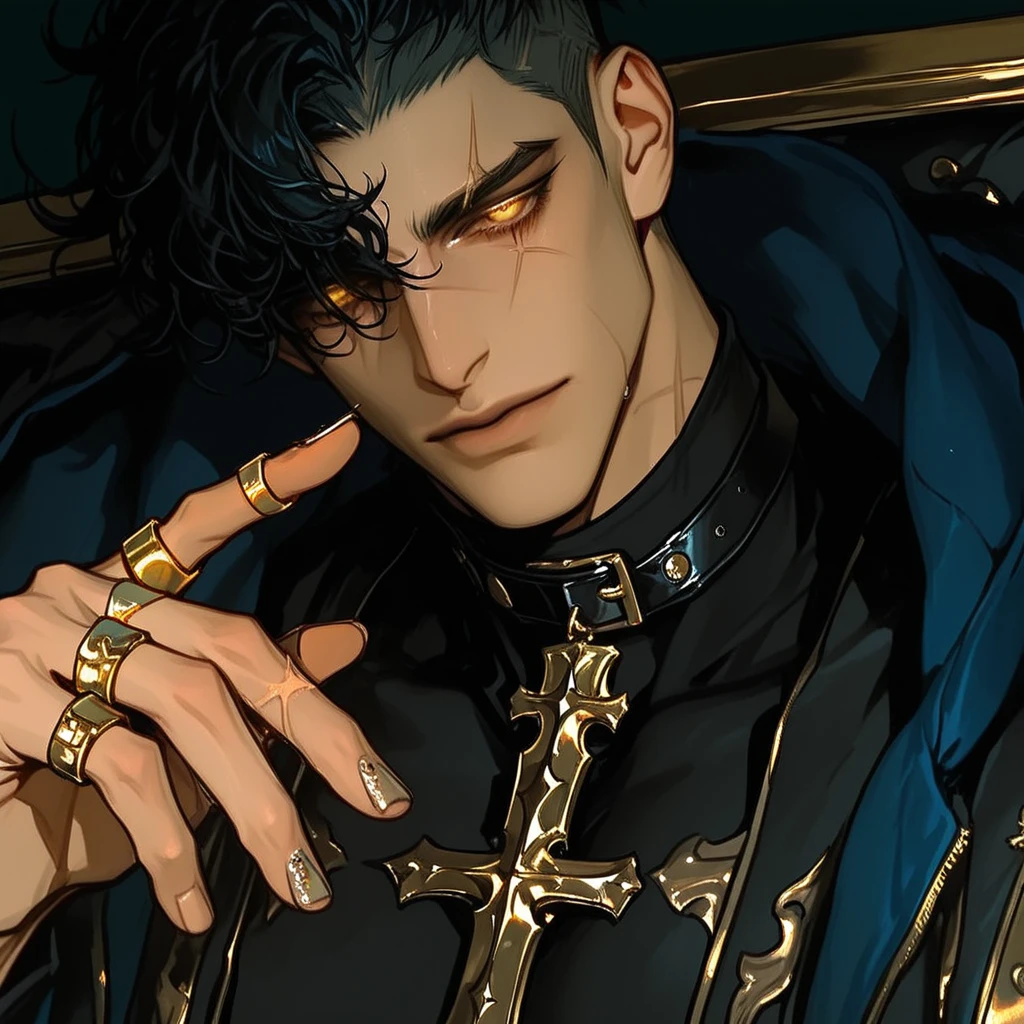 a solitary boy with golden curly hair covering his eyes, black turtleneck, tattoo, jewelry, black jacket, formal attire, male focus, necklace, eardrop, black angel wings, black chains, on a dark background, (best quality,4k,8k,highres,masterpiece:1.2),ultra-detailed,(realistic,photorealistic,photo-realistic:1.37),dramatic lighting,cinematic,moody,dark,gritty,edgy,modern