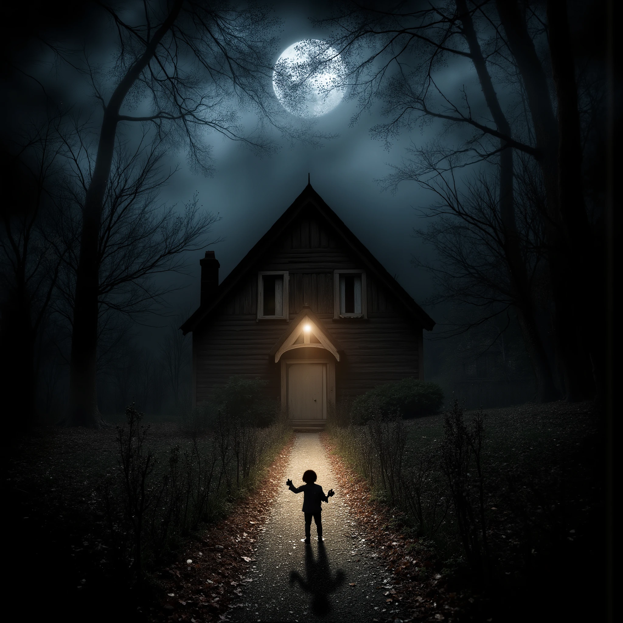 une couverture de CD pour un album de musique intitulé House of Halloween. L'image doit évoquer l'atmosphère d'un enfant perdu dans une maison hantée pendant la nuit d'Halloween, inspirée par les paroles d'une chanson. La scène doit capturer une ambiance à la fois effrayante et envoûtante, avec une maison ancienne et délabrée sous un ciel nocturne d'octobre, illuminé par une lune pâle et des étoiles. L'intérieur de la maison est visible à travers une fenêtre ou une porte ouverte, révélant des pièces sombres éclairées par des chandelles vacillantes disposées dans des coins vides, projetant des ombres inquiétantes. Des détails comme des planchers en bois craquelés, des toiles d'araignées, et une légère brume flottant dans l'air ajoutent à l'atmosphère. Une silhouette vague d'un enfant, tenant peut-être une citrouille-lanterne, se tient au premier plan, attirée par une lumière mystérieuse à l'intérieur de la maison. Les couleurs dominantes sont des tons sombres (noir, gris, bleu profond) avec des touches de lumière chaude (orange des chandelles, jaune pâle de la lune). L'ambiance générale doit équilibrer fascination, peur et beauté surnaturelle, comme si les esprits de la maison appelaient l'enfant à rester. Intégrez subtilement des éléments d'Halloween, comme des ombres de citrouilles ou des formes spectrales, sans surcharger l'image. Le style doit être réaliste avec une touche de gothique onirique, adapté à une couverture de CD musicale. hyper réaliste, textures détaillées