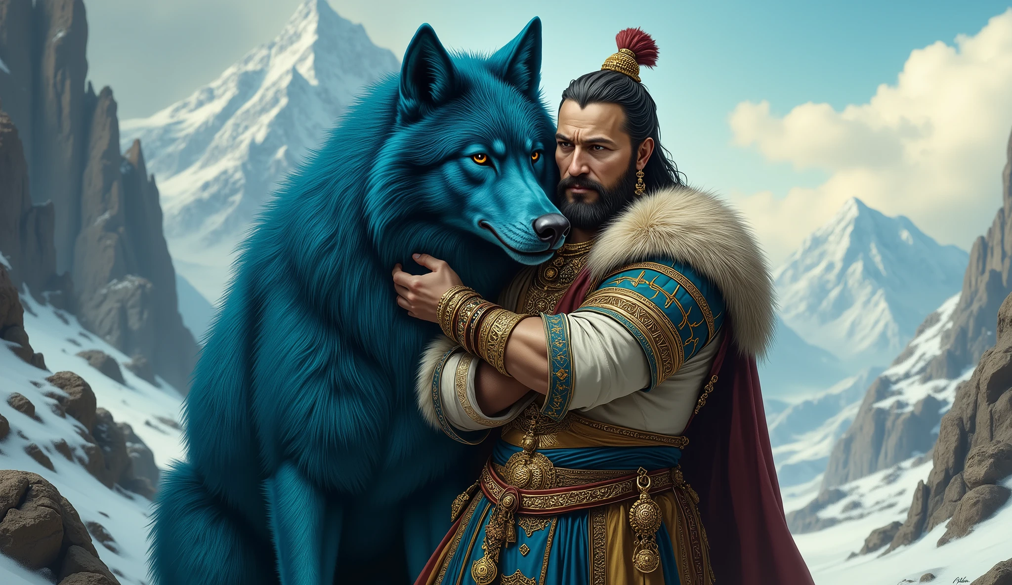 Full hd image of mangol emperor changez khan hugging a blue big wolf