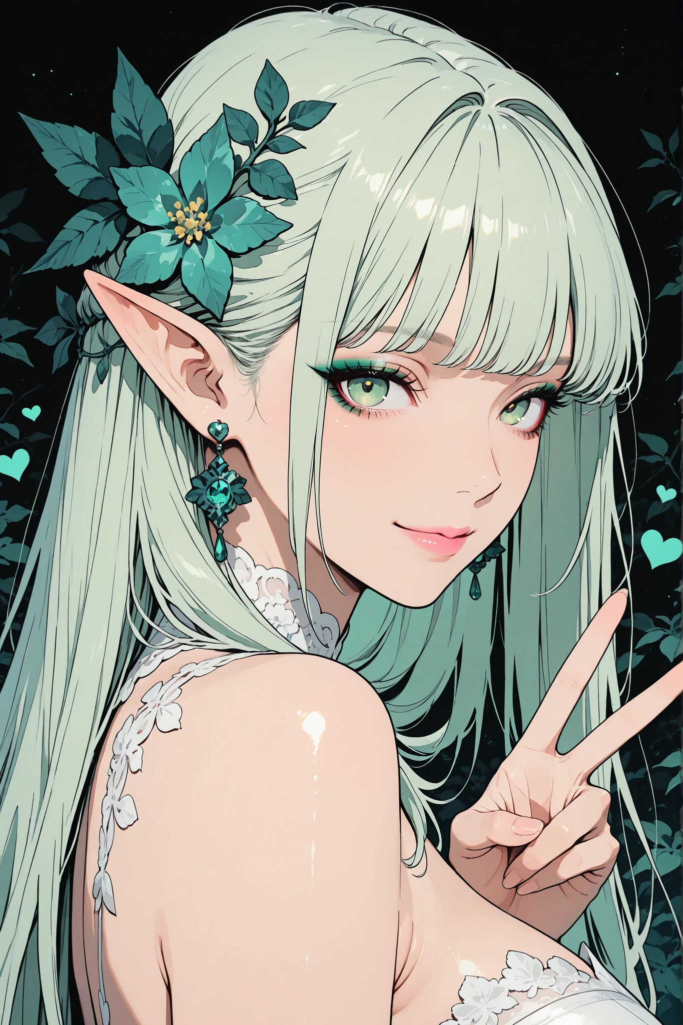 solo, close-up portrait, beautiful woman, elf,pointed ears,blonde hair,long hair, beautiful mint green eyes,fair skin,Shiny skin,pink lips, wedding dress,simple background,vivid colors, volumetric lighting, soft lighting,dark forest background,v sign,one hand,heart,slight smile,looking at viewer,from the side, gigantic breasts, eyeliner, eyeshadow, earrings, hair flowers, masterpiece, high score, great, best quality
