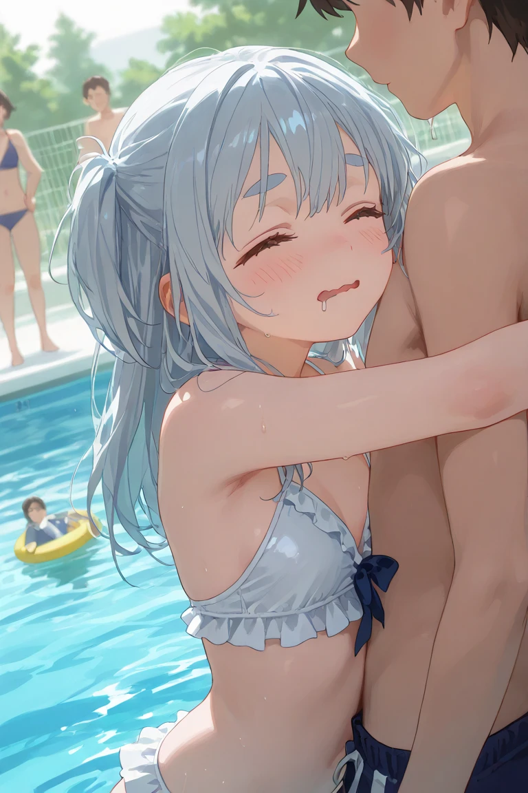 A young girl in a swimsuit is being raped by a man by the pool,Highest quality,masterpiece,(((1man and 1girl,having sex,doggystyle))),A young and 10-year-old girl is violently raped and cums inside her, crying and screaming.,Obvious flat chest,Visible genitalia,Tears flowing,Clothes are disheveled and skin is visible,A young girl spreads her legs wide in an M-shape