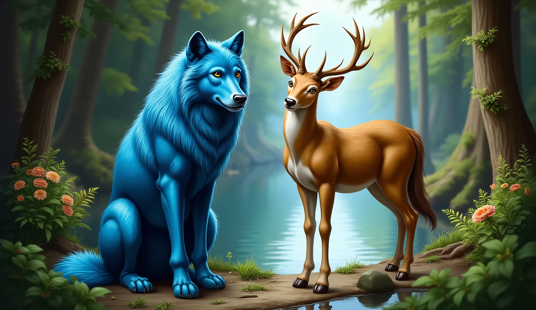 Full hd image of a blue wolf and a beautiful deer standing together 