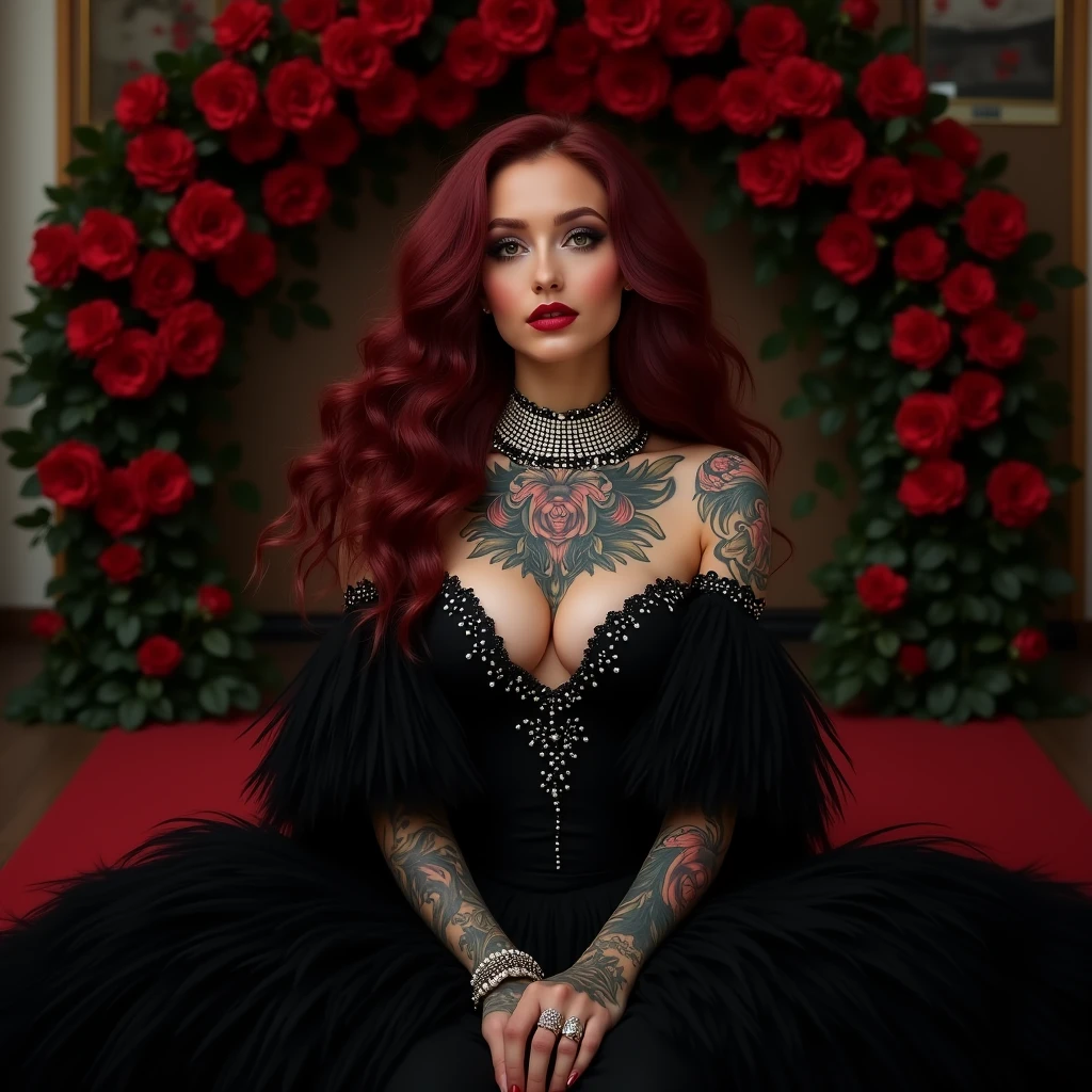(masterpiece), (top quality), (realistic photo), 8k high definition perfect lighting best photography award, (body entero), 8k quality young caucasian woman 35 years old, White skin, ((pale)), ((lovely)), body perfecto, body, ((mesomorfo)), ((athletic curvy)), hourglass figure, body, (half), (robust), big breasts, (38c), natural, thick and firm thighs), perfect face, Perfect eyes, very detailed, (intricate details), (big violet eyes), Long hair Buzz cut on one side inspired by Mohawk (long straight) Violet hair color extremely tattooed woman, (tattooed arms), (tattooed legs), (body tatuado), extremely sensual woman, (captivating), wears glasses and gold jewelry, lleva un vestido short, (short), fitted, (bright red satin), bare back, neckline ((pronounced)), ((extremely sensual)), ((gladiator sandals with heels)), several shots, at gala event, ((Red carpet))