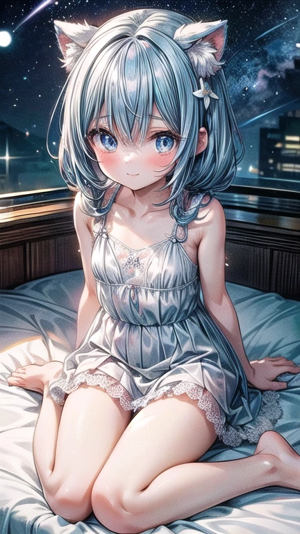 Anime girl sitting on a big soft bed，There are cat ears on the head., White Dresses!! silver-haired,Red pupil， Cute anime waifu in nice series,, White-haired god, Gray-haired girl, Perfect girl with white hair, Güvez on Pisif Art Station, whaite hair, flowing white hair