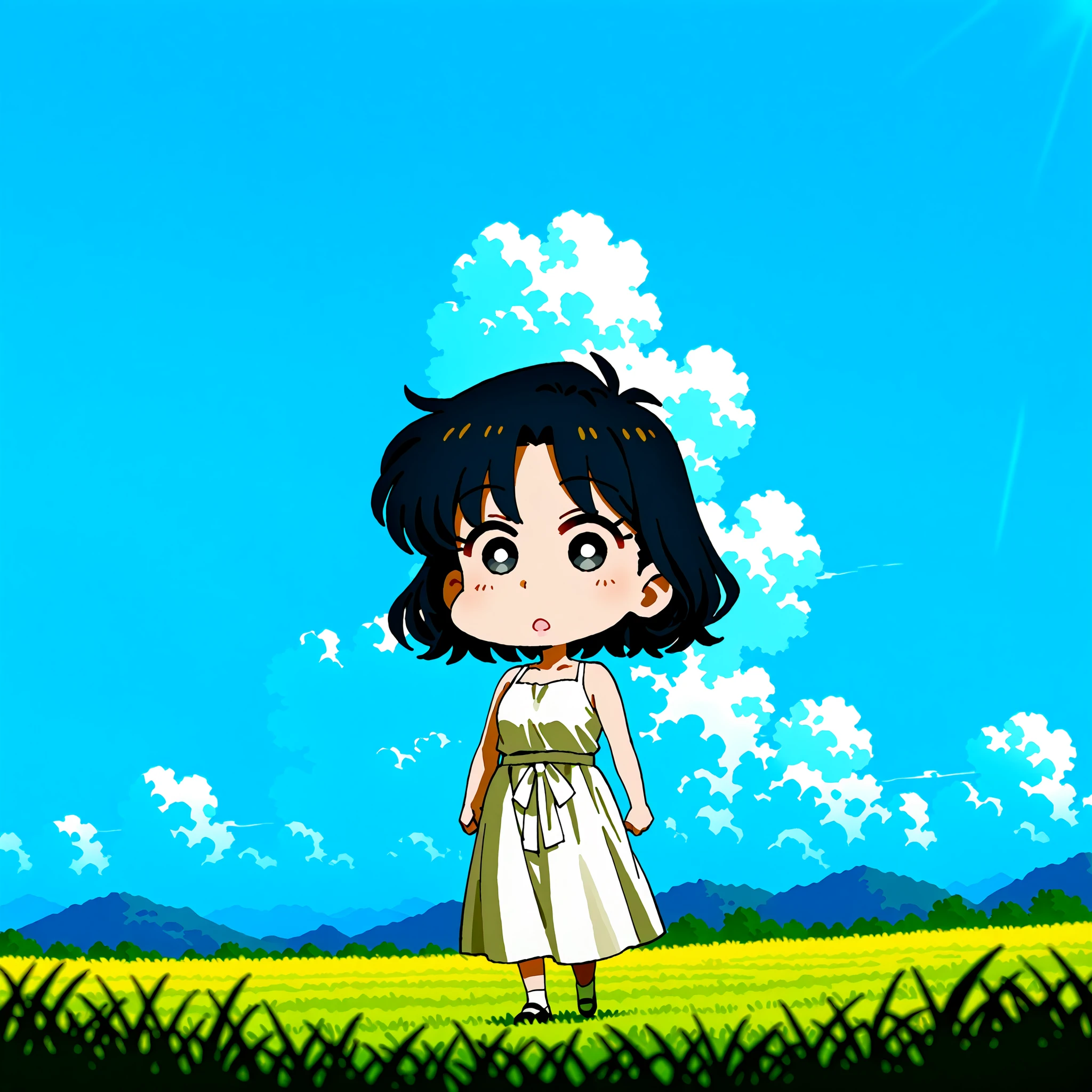 1girl, solo, chibi, Crayon Shin-chan style sandori, Crayon Shin-chan style sandori, sandori, Crayon Shin-chan style, sandori,(anime-style:1.3), (bright blue sky:1.2), (inspired by Makoto Shinkai:1.2), Best Quality, amazing quality, highly detailed, beautiful sunny day, summer sky background, vast sky taking up most of the scene, fluffy white clouds, expansive meadow beneath, cinematic composition, sweeping background view, detailed clouds and sunlight rays, soft color palette, vibrant blue and green contrast, small girl walking under the vast sky, si yeon, short hair, black hair, parted bangs, black eyes, grey eyes, pink lips, wearing a sleeveless top, casual and elegant style, subtle breeze, soft lighting, distant full-body view, calm pose, walking with hands down, minimal accessories, small figure compared to the background, peaceful atmosphere, painterly anime landscape, (1 girl:1.5), (tranquil mood:1.5)