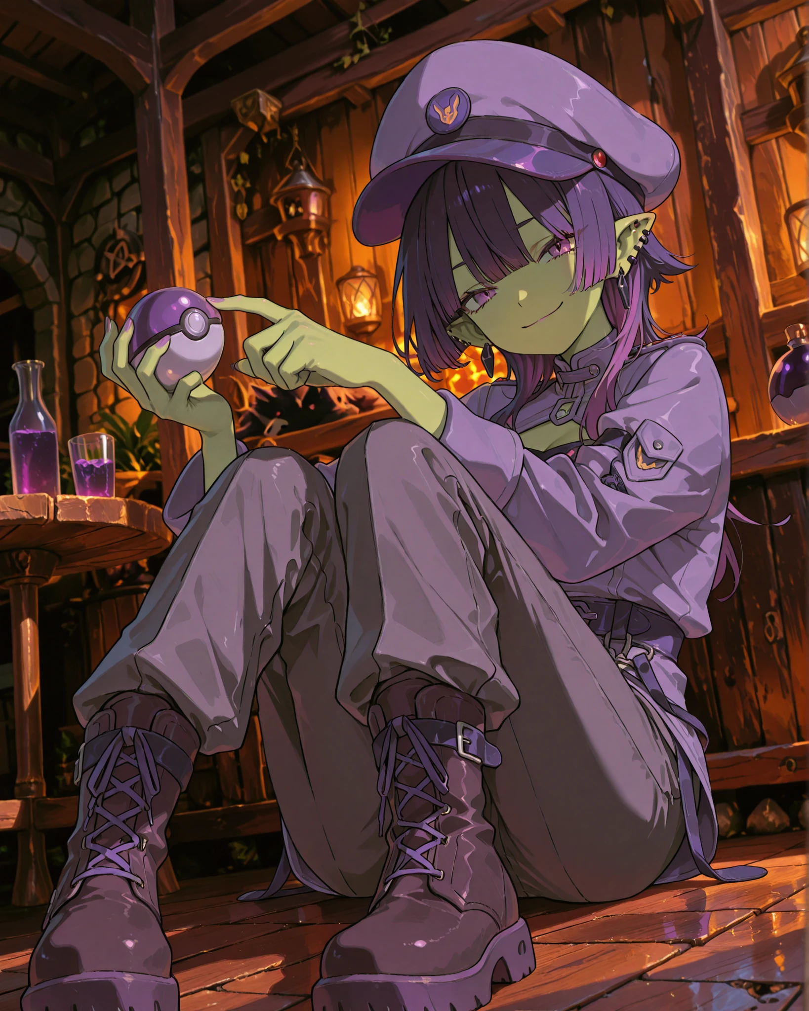 long hair。long bangs。glass。pants。spunk fashion。Wearing military boots。Gobgirl   , Green Skin, short hair(asymmetry、wolf cut),multi colored hair。piercings,  pointed ears,  earrings,  bad smile , purple hair,  cool girl。Tavern。purple pokemon cap。purple pokeball in hand。dynamic angle