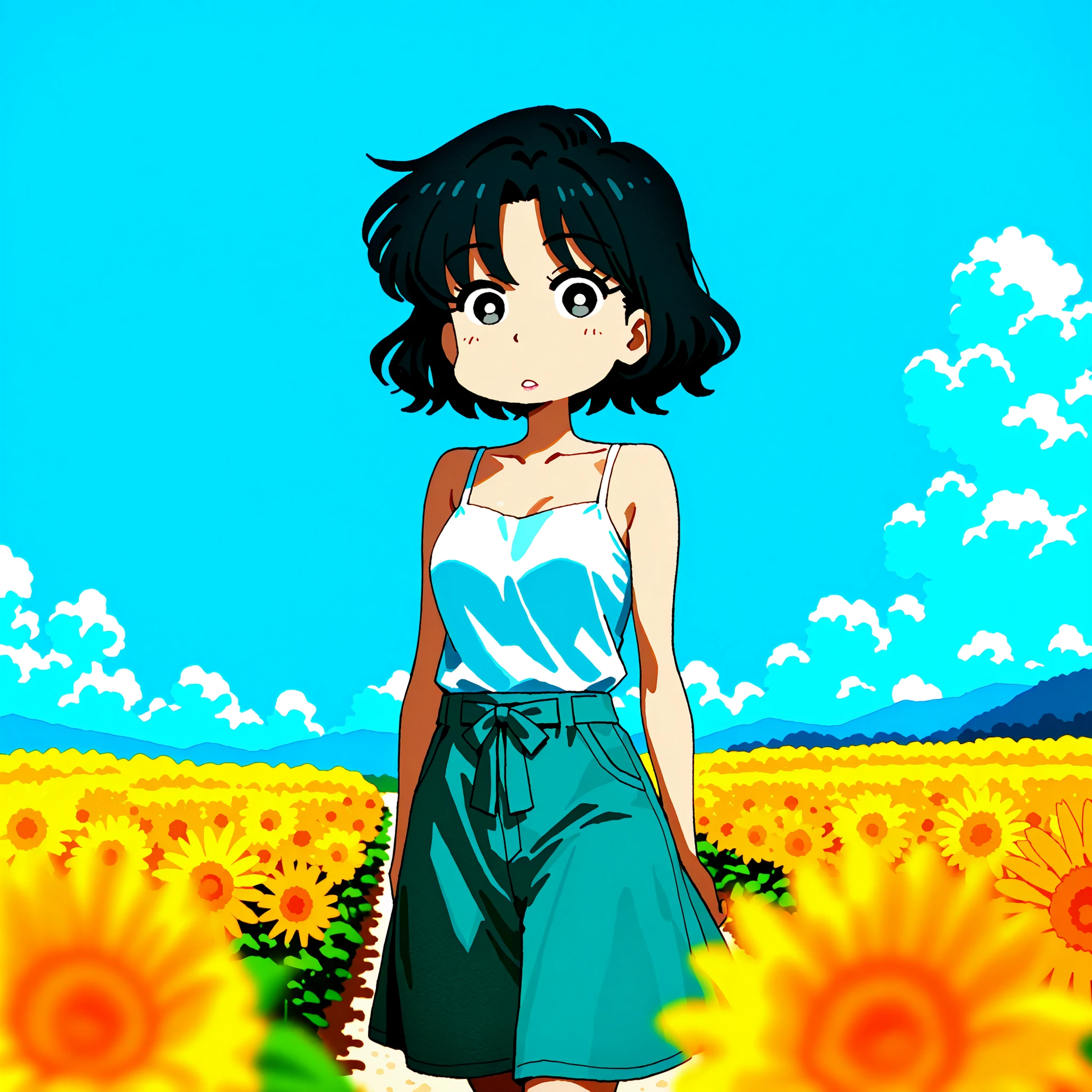 1girl, solo, chibi, Crayon Shin-chan style sandori, Crayon Shin-chan style sandori, sandori, Crayon Shin-chan style, sandori,(anime-style:1.3), (bright blue sky:1.2), (inspired by Makoto Shinkai:1.2), Best Quality, amazing quality, highly detailed, beautiful sunny day, summer sky background, vast sky taking up most of the scene, fluffy white clouds, expansive meadow beneath, cinematic composition, sweeping background view, detailed clouds and sunlight rays, soft color palette, vibrant blue and green contrast, small girl walking under the vast sky, si yeon, short hair, black hair, parted bangs, black eyes, grey eyes, pink lips, wearing a sleeveless top, casual and elegant style, subtle breeze, soft lighting, distant full-body view, calm pose, walking with hands down, minimal accessories, small figure compared to the background, peaceful atmosphere, painterly anime landscape, (1 girl:1.5), (tranquil mood:1.5)