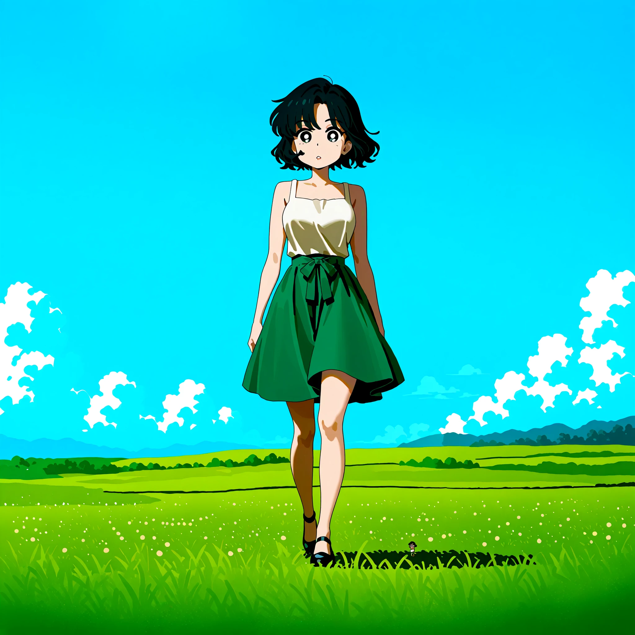 1girl, solo, chibi, Crayon Shin-chan style sandori, Crayon Shin-chan style sandori, sandori, Crayon Shin-chan style, sandori,(anime-style:1.3), (bright blue sky:1.2), (inspired by Makoto Shinkai:1.2), Best Quality, amazing quality, highly detailed, beautiful sunny day, summer sky background, vast sky taking up most of the scene, fluffy white clouds, expansive meadow beneath, cinematic composition, sweeping background view, detailed clouds and sunlight rays, soft color palette, vibrant blue and green contrast, small girl walking under the vast sky, si yeon, short hair, black hair, parted bangs, black eyes, grey eyes, pink lips, wearing a sleeveless top, casual and elegant style, subtle breeze, soft lighting, distant full-body view, calm pose, walking with hands down, minimal accessories, small figure compared to the background, peaceful atmosphere, painterly anime landscape, (1 girl:1.5), (tranquil mood:1.5)