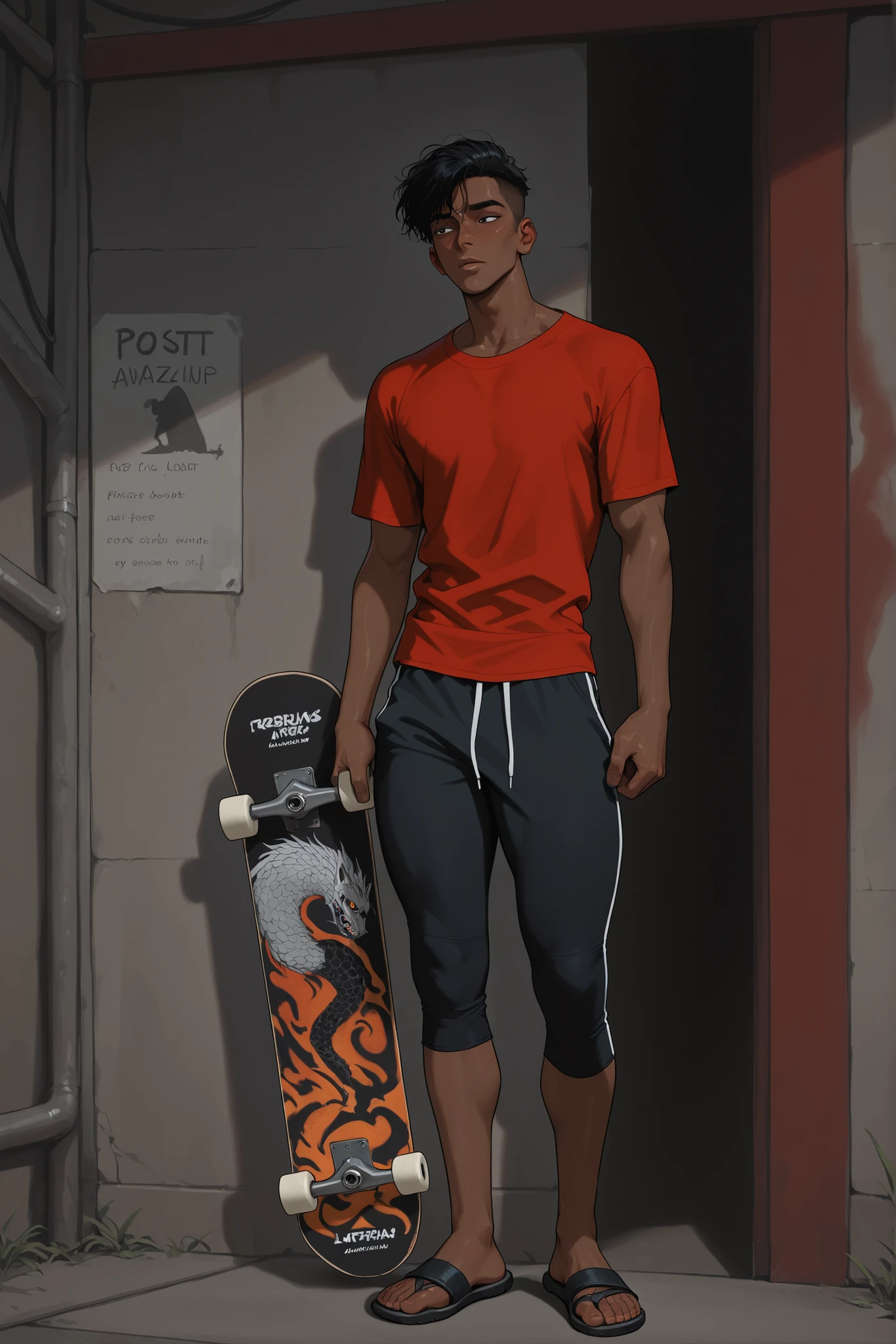 masterpiece, best quality, amazing quality, very aesthetic, high resolution, newest, hyper-detailed,solo, 1 MAN, ((MALE character)),slim male figure, black hair, african skin, red tshirt, sports pants, sandals, skateboard , stand on, full body, fan art, post apocalyptic themed background