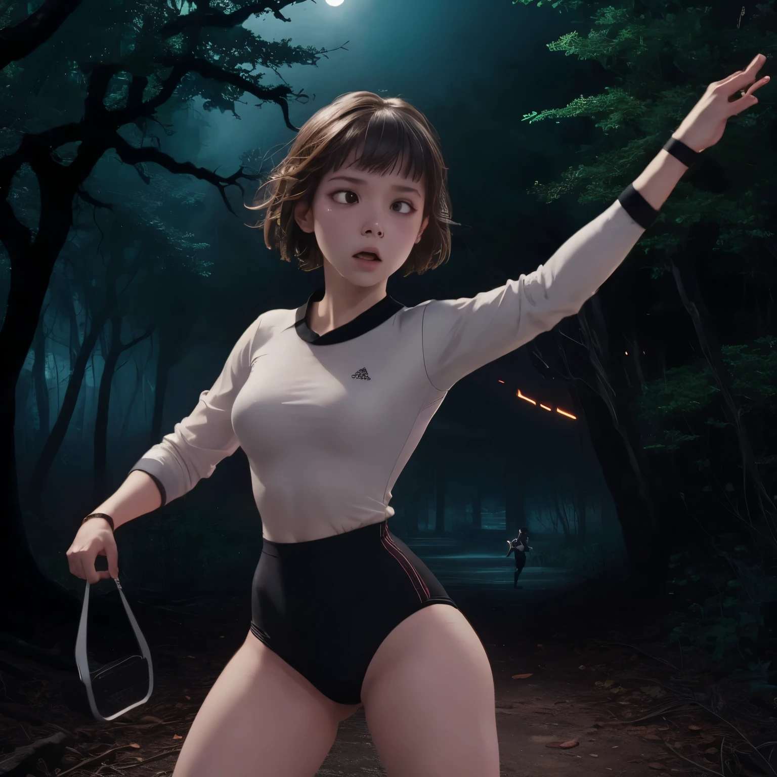 Girl, wearing a Black gymnastics bloomers,high leg ,white blouse、Scared girl、shout、Convulsing with fear、Girl being attacked by a monster、Girl caught by monster、be killed、There are a lot of monsters in the background、Girl surrounded by monsters、Solo,in dark forest
