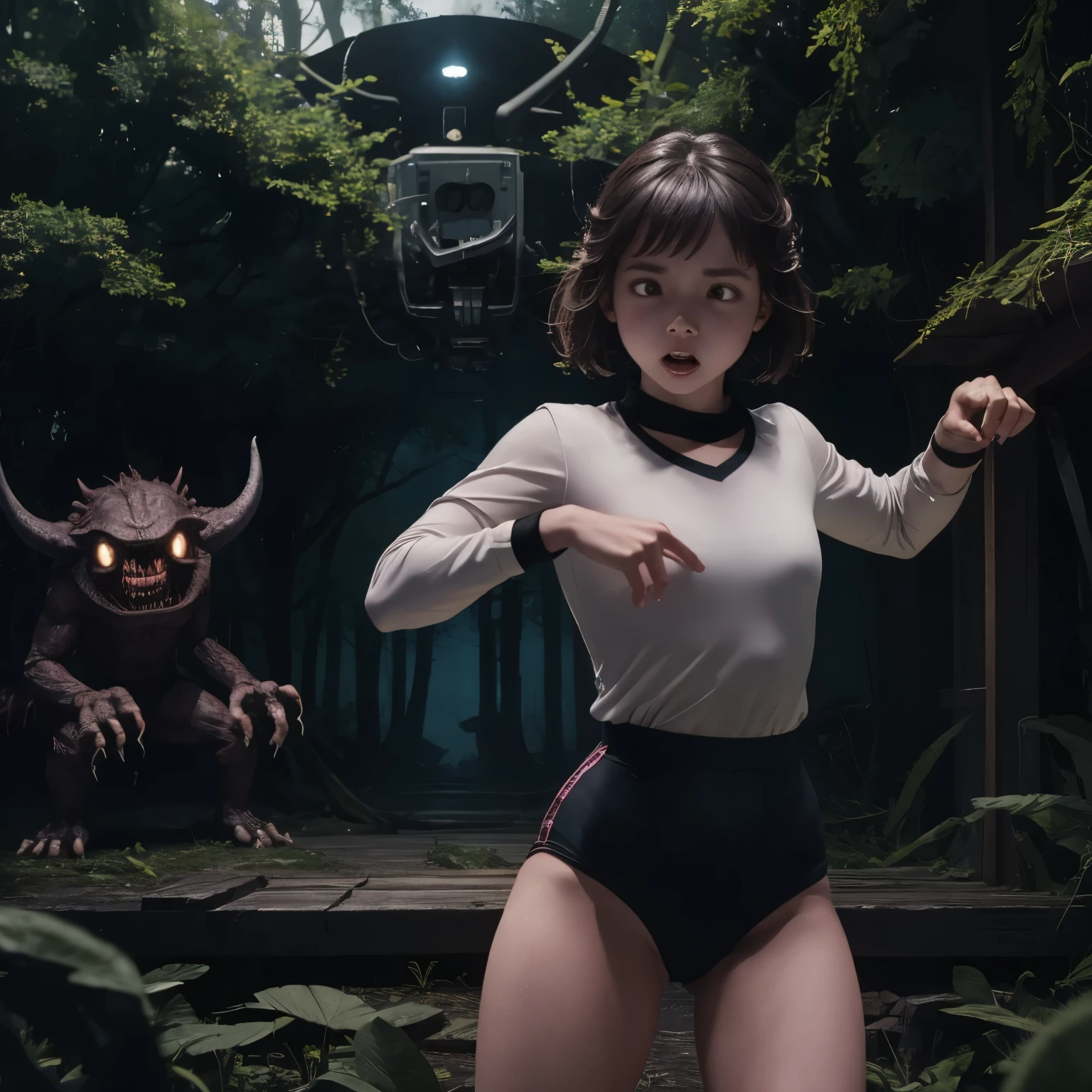 Girl, wearing a Black gymnastics bloomers,high leg ,white blouse、Scared girl、shout、Convulsing with fear、Girl being attacked by a monster、Girl caught by monster、be killed、There are a lot of monsters in the background、Girl surrounded by monsters、Solo,in dark forest