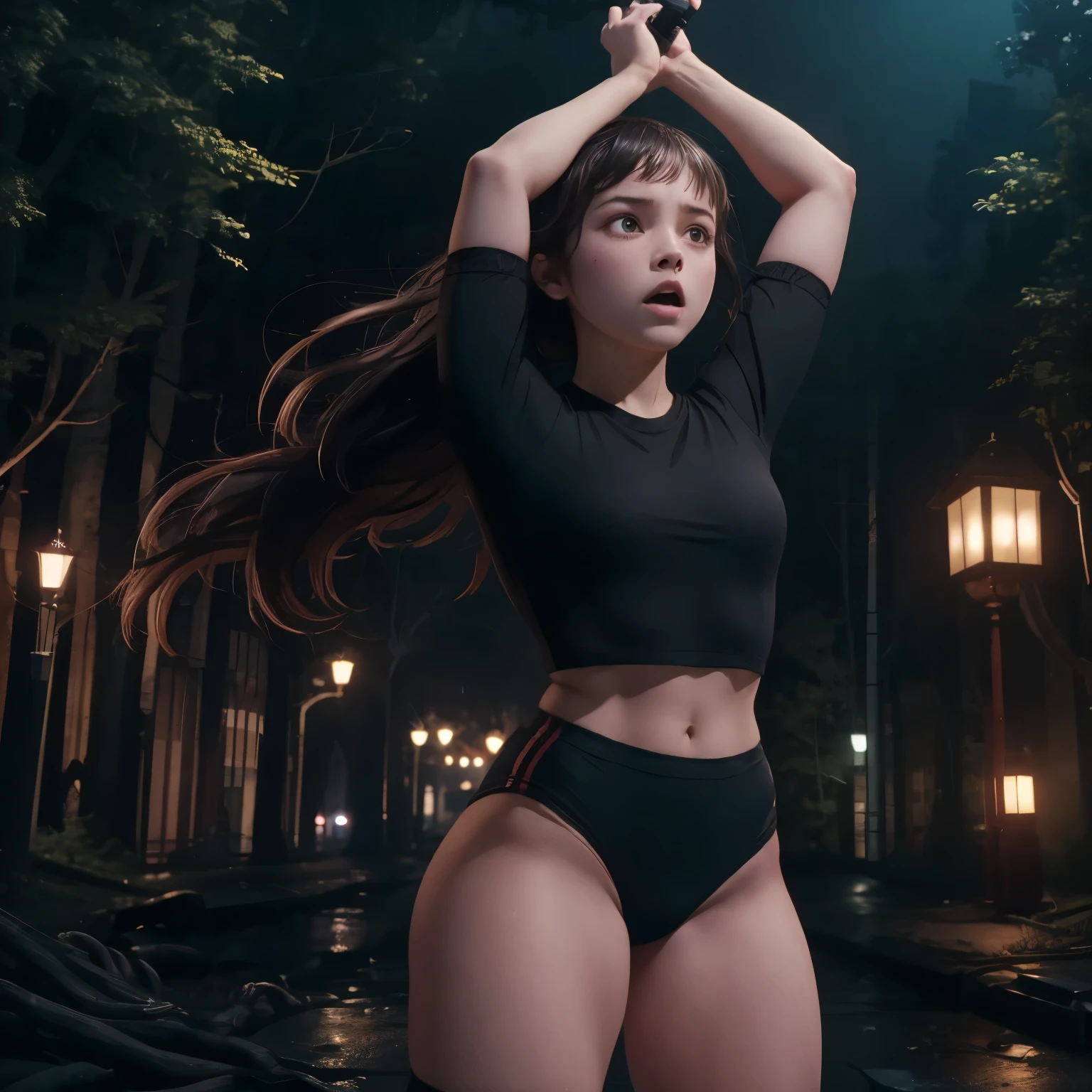 Girl, wearing a Black gymnastics bloomers,high leg ,white blouse、Scared girl、shout、Convulsing with fear、Girl being attacked by a monster、Girl caught by monster、be killed、There are a lot of monsters in the background、Girl surrounded by monsters、Solo,in dark forest