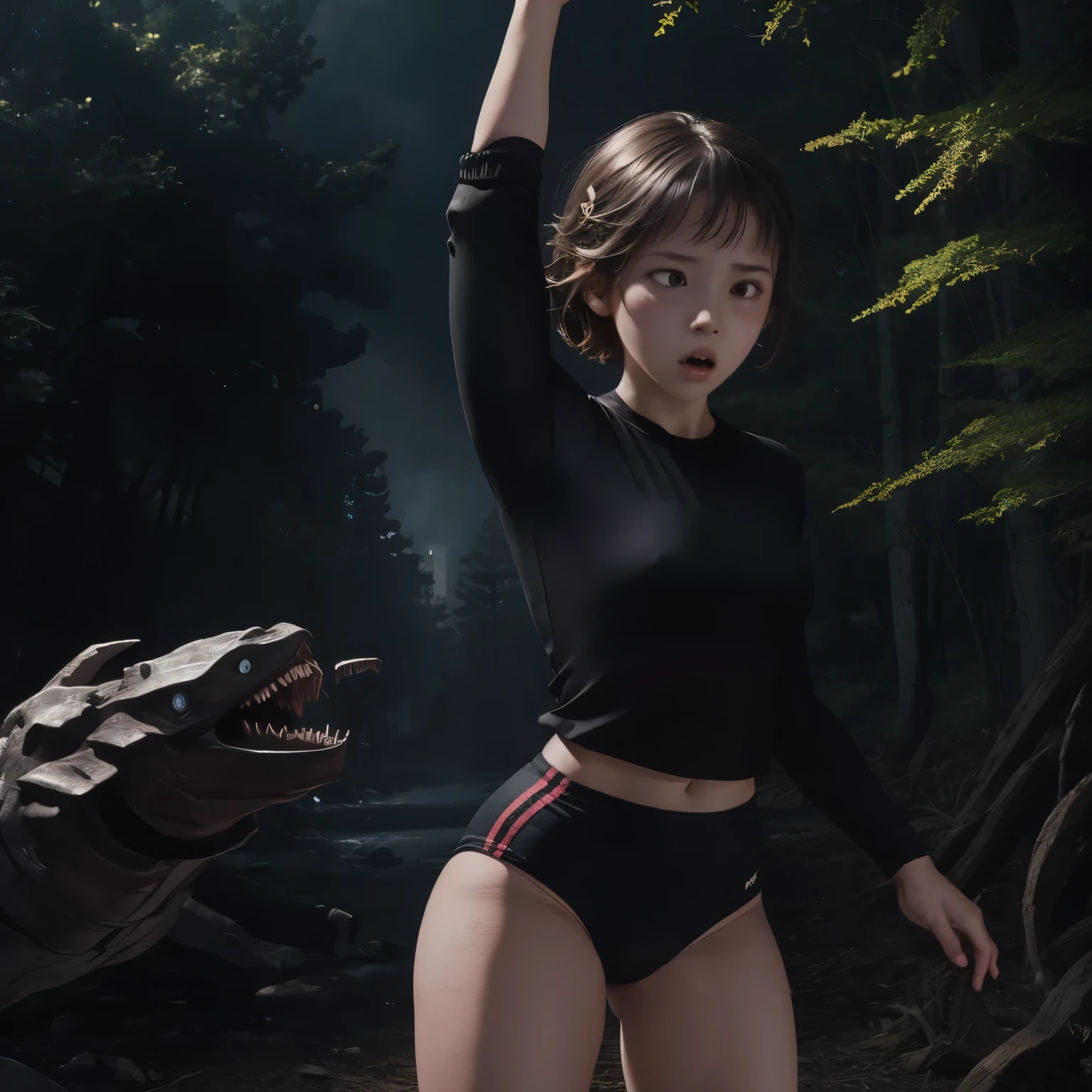 Girl, wearing a Black gymnastics bloomers,high leg ,white blouse、Scared girl、shout、Convulsing with fear、Girl being attacked by a monster、Girl caught by monster、be killed、There are a lot of monsters in the background、Girl surrounded by monsters、Solo,in dark forest