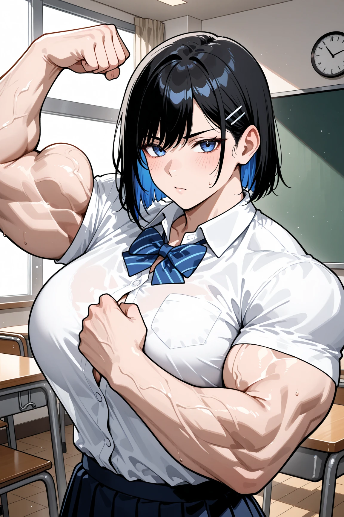 A woman with black hair to her shoulders with bangs, yellow eyes, few small muscles and big breasts wearing a long formal blouse