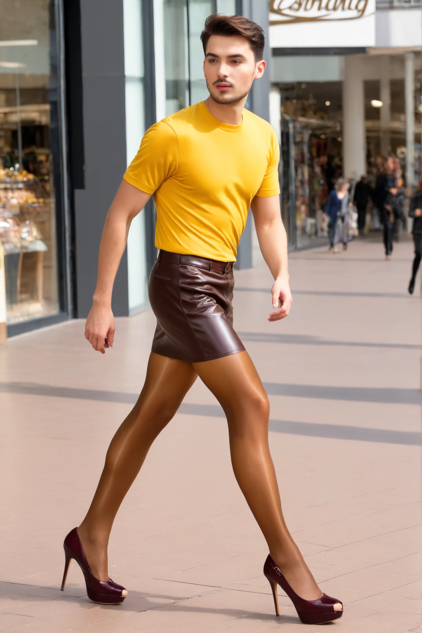 a young male man with a male face,  is wearing a yellow t-shirt, wear a brown leather mini skirt, medium brown amber shiny 40den pantyhose, burgundy closed high heel pumps, the male face Man runs in his pantyhose in a shopping mile in sunshine.
