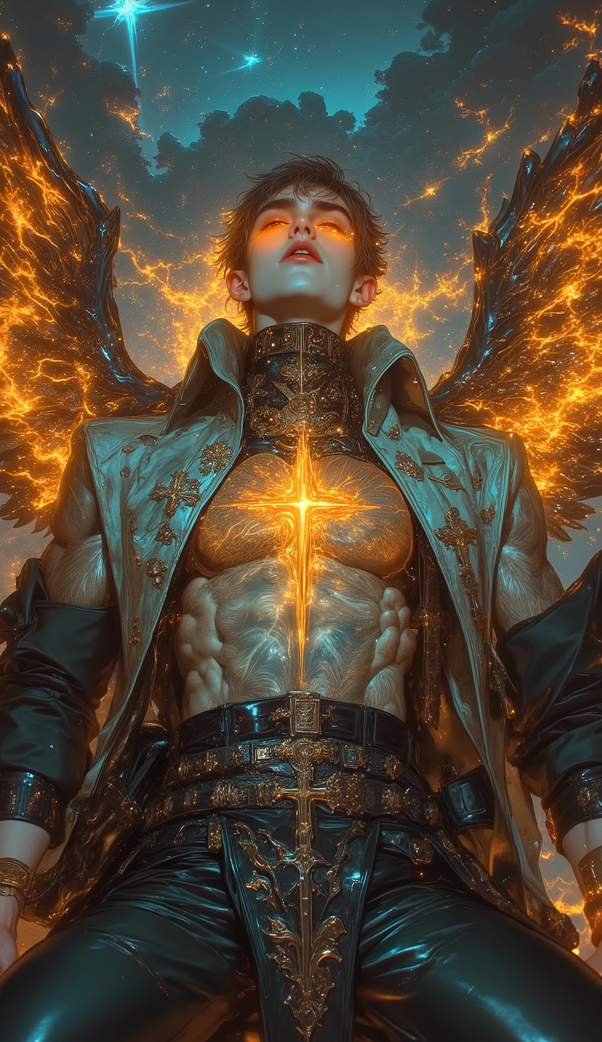 masterpiece, ultimate electric god of desire, transcendent passion, central focus: divine male guitarist at the peak of ecstasy, body radiating both sexual and musical power, multiple electric energy wings forming cosmic mandala behind him, raw passion incarnate detailed elements: perfect muscular physique caught between human and divine form, skin glowing with inner light, sweat drops turning to diamonds as they fall, hair like living silk floating in electromagnetic storm, cosmic tattoos appearing and disappearing with each guitar riff intimate details: every muscle defined and trembling with passion, leather pants clinging to every curve like second skin, chest heaving with intense breath, neck exposed in ultimate surrender to music, lips red and full from biting them in concentration, eyes shifting between human and electric blue divine erotic power elements: raw sexual energy visible as golden light pulsing from his core, hips moving in hypnotic rhythm, fingers caressing guitar strings with obvious sexual skill, whole body radiating irresistible magnetism supernatural features: electric wings constantly shifting forms - from classic angel wings to pure lightning to visualized sound waves, occasional manifestation of multiple arms playing multiple guitars, reality warping around his presence environment: stage existing between earthly and divine realms, crystal platforms floating in space, cosmic energy swirling everywhere, musical notes becoming living creatures of light mood: divine seduction, transcendent passion, electric ecstasy, cosmic desire style: ethereal fantasy, electric divinity, cosmic erotica