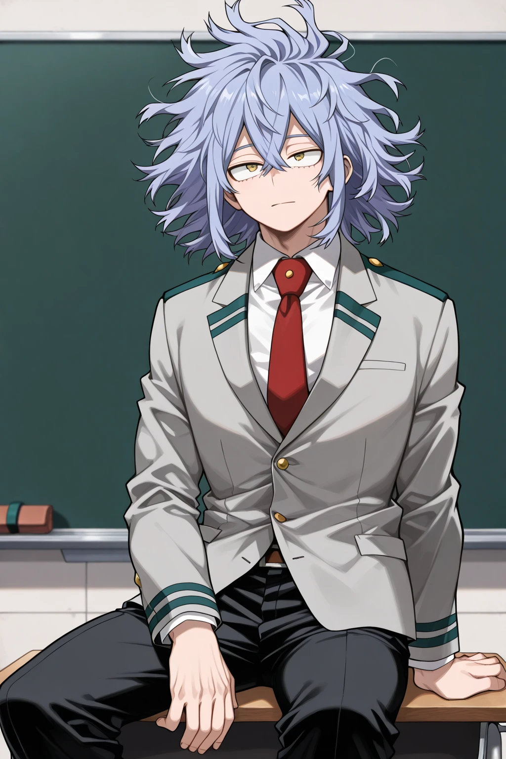 demiolos, <lora:demiolos s2-lora-nochekaiser:1>,
demiolos, (red eyes:1.3), purple hair, male focus, glasses,
BREAK midriff, crop top, labcoat,
BREAK indoors, classroom,
BREAK looking at viewer,
BREAK <lyco:GoodHands-beta2:1>, (masterpiece:1.2), best quality, high resolution, unity 8k wallpaper, (illustration:0.8), (beautiful detailed eyes:1.6), extremely detailed face, perfect lighting, extremely detailed CG, (perfect hands, perfect anatomy),