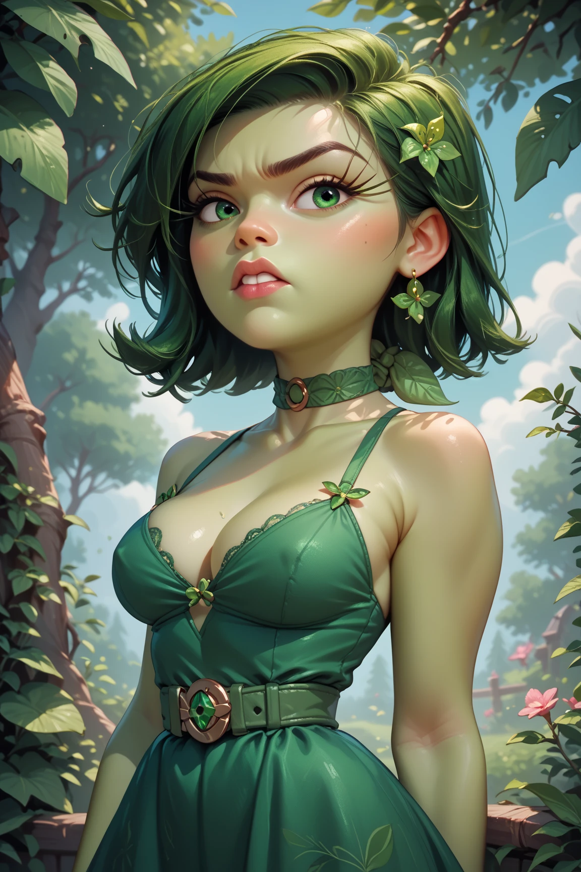 (best quality,4k,8k,highres,masterpiece:1.2),ultra-detailed, beautiful seductive Dryad in a suburban backyard garden, AubreyPlaza, tree woman, plant woman, plant flesh, green dryad, green skin, hair made of pink flowers, glowing green eyes, sensual smile, seductive pose, erotic pose, seethru, HDR, 8k, absurdres, cinestill 800, sharp focus, add_detail:2, (solo, woman)