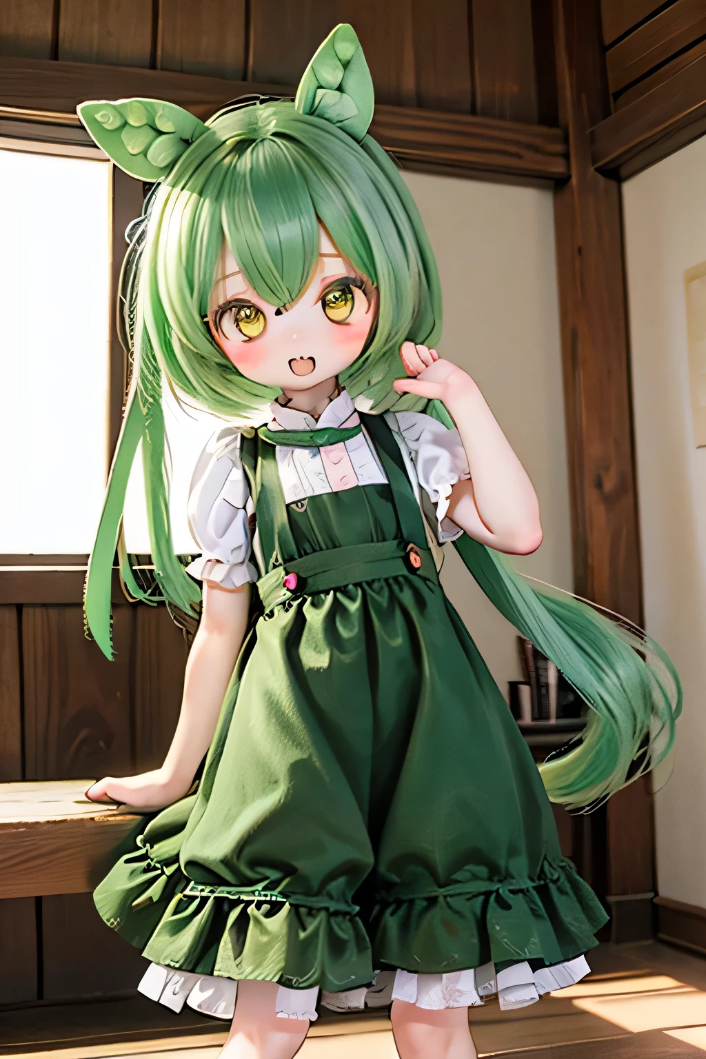 cute green-haired zundamon in playful pose, Elaborate character design , Delicate Details , surreal , Photorealistic , 8k, masterpiece , is high resolution, bright color, 多くのcute人々I can see the light of , natural light, 、 warm palette , amazing , Nikon Z7 IIミラーレスカメラで撮影したamazing映像 , cute , cuteデザイン , , Heartwarming、Edamame、 execution (((((Young Lady))))))(((long hair at Boro-Yado))) (((((long dress))))))long skirt in front of the museum、 very elegant word sitting on a chair in a small hut drinking tea