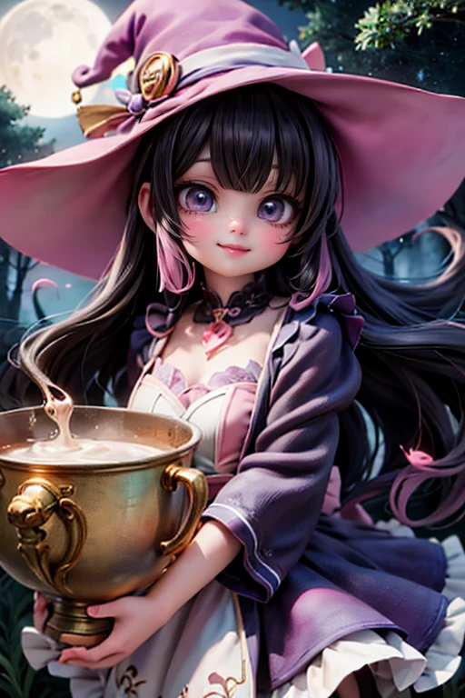 masterpiece, Highest quality, Wizard Tea , Little、 Beautiful Witch, Highly detailed realistic eyes, Happy, Vibrant, colorful,