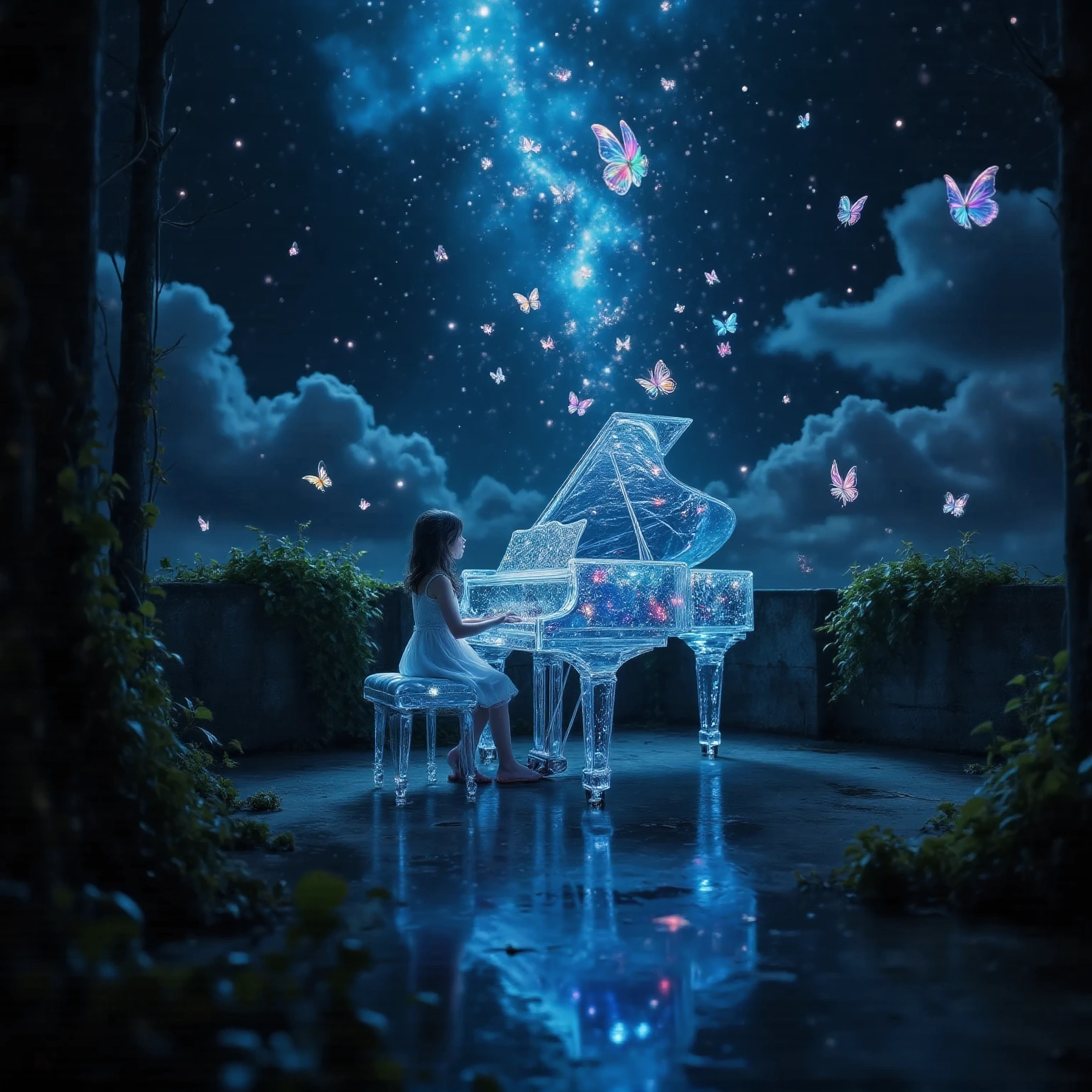 A surreal scene, almost like something out of a movie. At night, long ivy grows on an abandoned concrete rooftop, and moss grows thickly on the walls. On the rooftop, a grand piano made of clear water sparkles in the starlight. A girl in a delicate dress sits at the piano and plays gracefully, and rainbow-colored butterflies rise into the sky, reminiscent of the piano's music. The vast night sky is filled with countless stars, swirling nebulae in blue, purple, and green, and fluffy clouds that seem to blend into the universe. The rooftop has a fantastical, awe-inspiring, and surreal atmosphere, as if it is connected to the universe. The soft lighting accentuates the water piano and the silhouette of the girl, creating a cinematic depth of field.