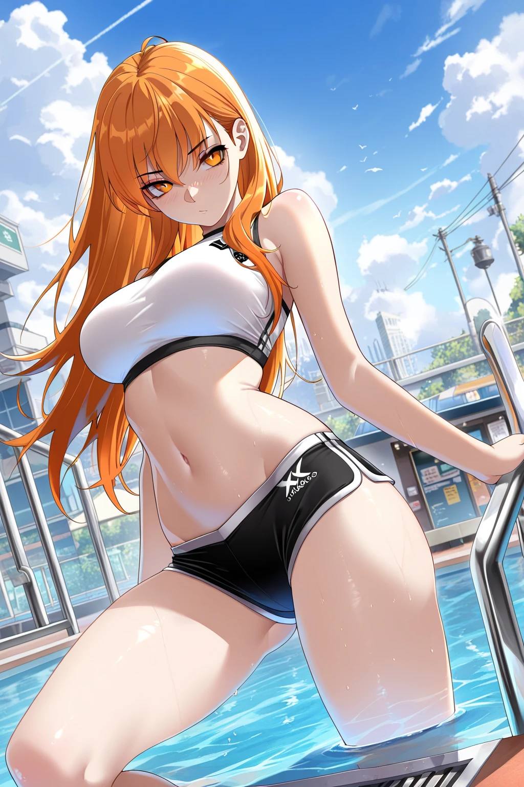 ((best quality, high resolution, distinct image)), (delicate illustration), 8k, 1girl, solo, extremely cute and beautiful, cowboy shot, shiny-orange bikini, school pool, outdoor, blush, breasts, wet, (shiny-orange micro bikini), standing, spread legs, from below, ((chestnut hair, pony-tail, blunt bangs)), (green eyes:1.1), (large breasts:1.2), light grin smile, breathing,