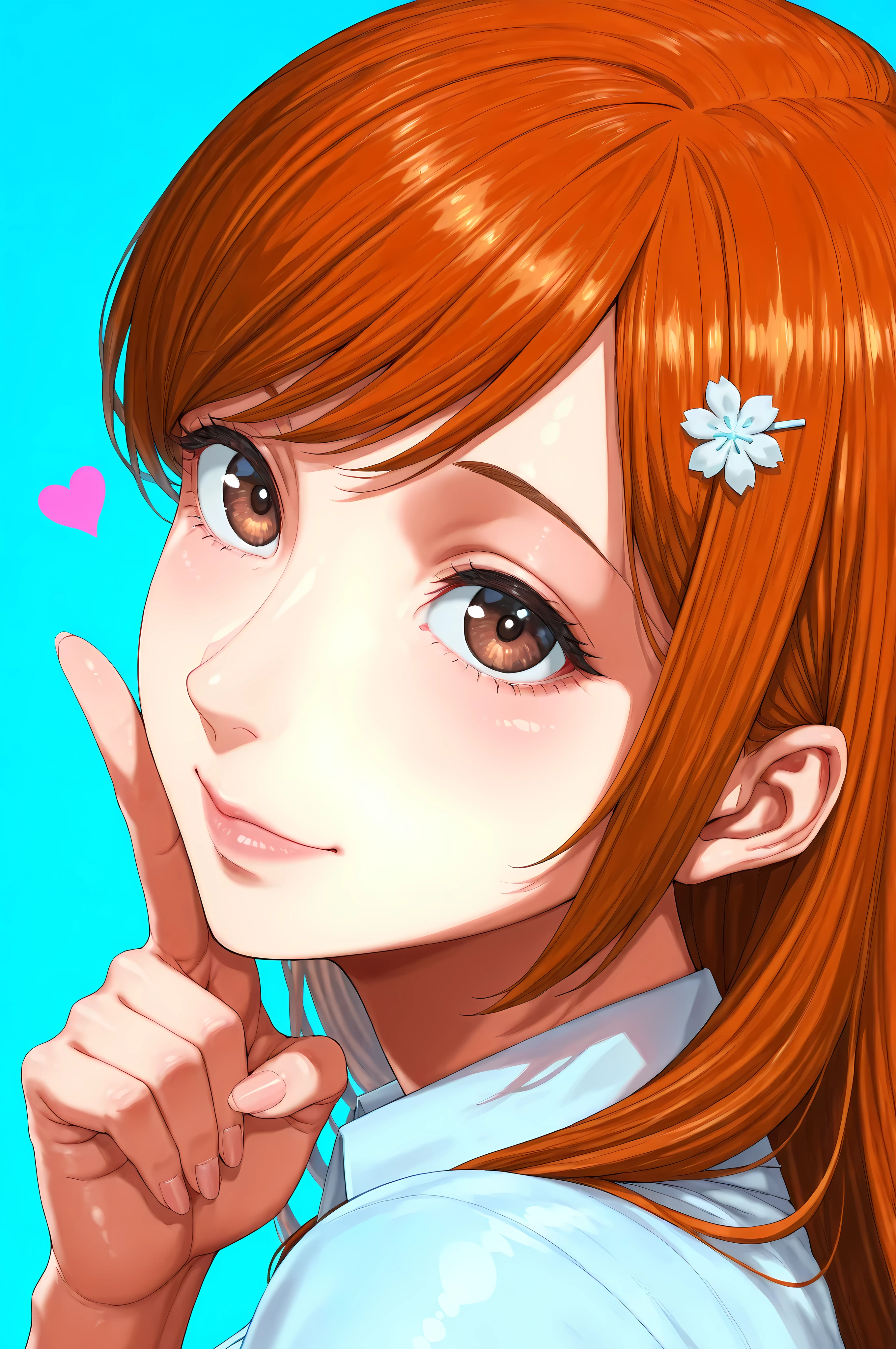1girl, inoue orihime, close-up portrait, female, woman, hair clip,orange hair,long hair,brown eyes,fair skin,Shiny skin,pink lips,white collared shirt,simple background,blue background,v sign,one hand,heart,depth of field,slight smile,looking at viewer,from the side,clean lines,smooth lines,sharp, masterpiece, best quality, newest, highly detailed,