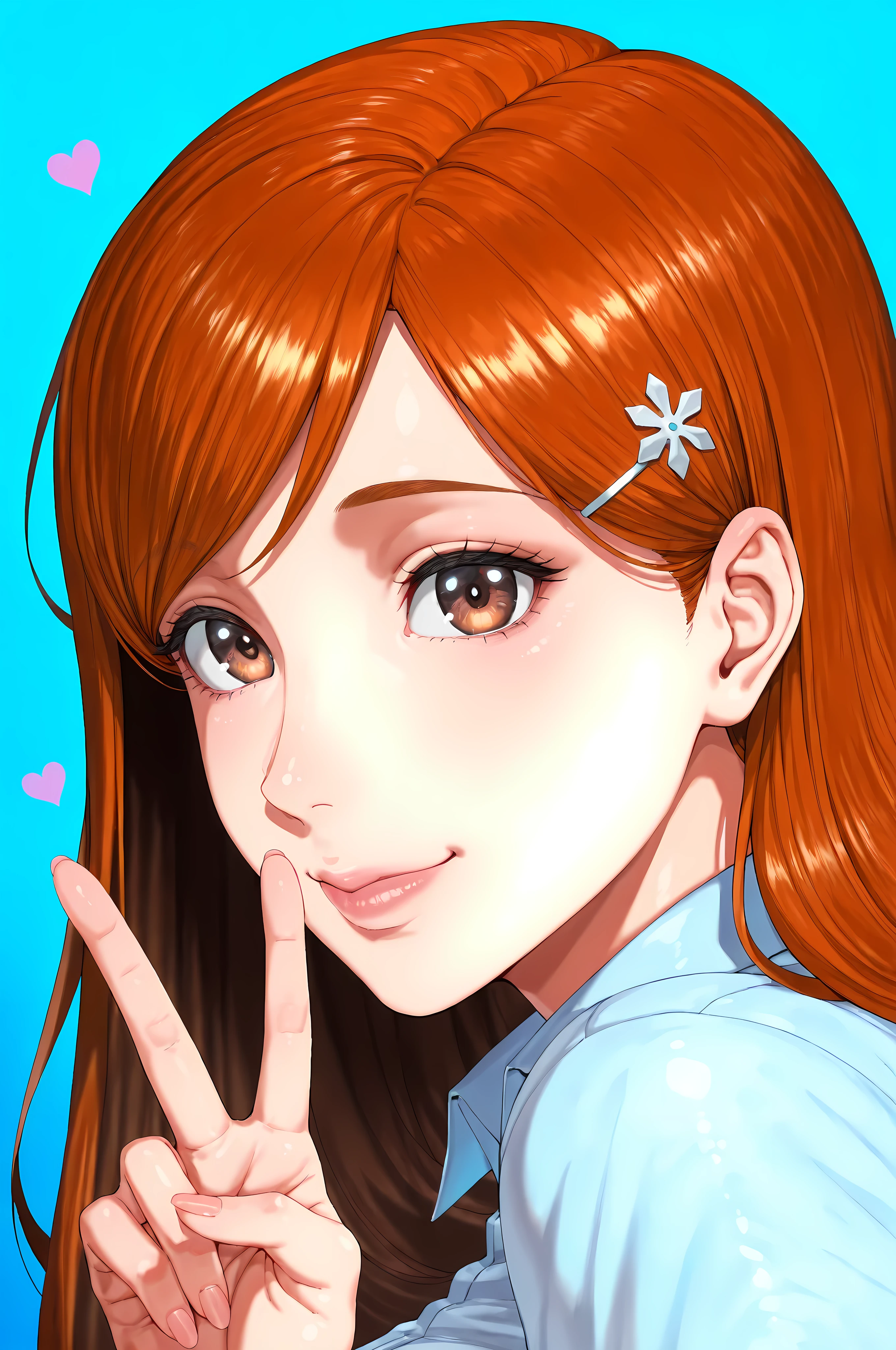 1girl, inoue orihime, close-up portrait, female, woman, hair clip,orange hair,long hair,brown eyes,fair skin,Shiny skin,pink lips,white collared shirt,simple background,blue background,v sign,one hand,heart,depth of field,slight smile,looking at viewer,from the side,clean lines,smooth lines,sharp, masterpiece, best quality, newest, highly detailed,