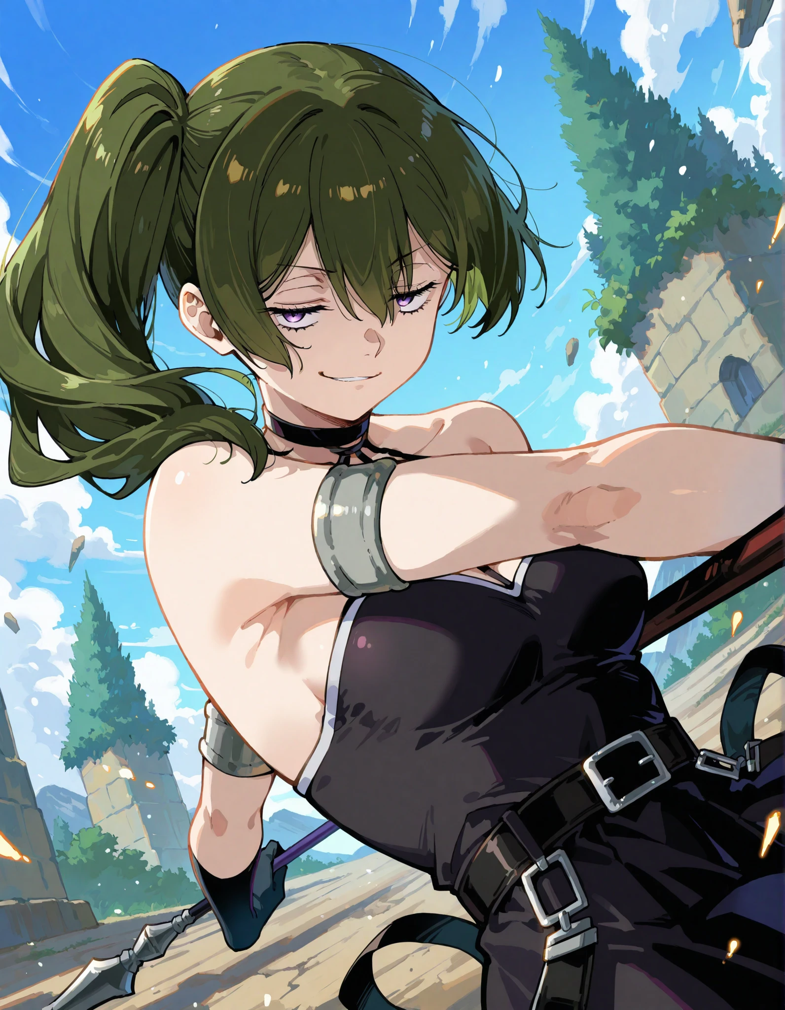 ubel  \(sousou no frieren\), 1girl, holding polearm, smirk, dynamic angle