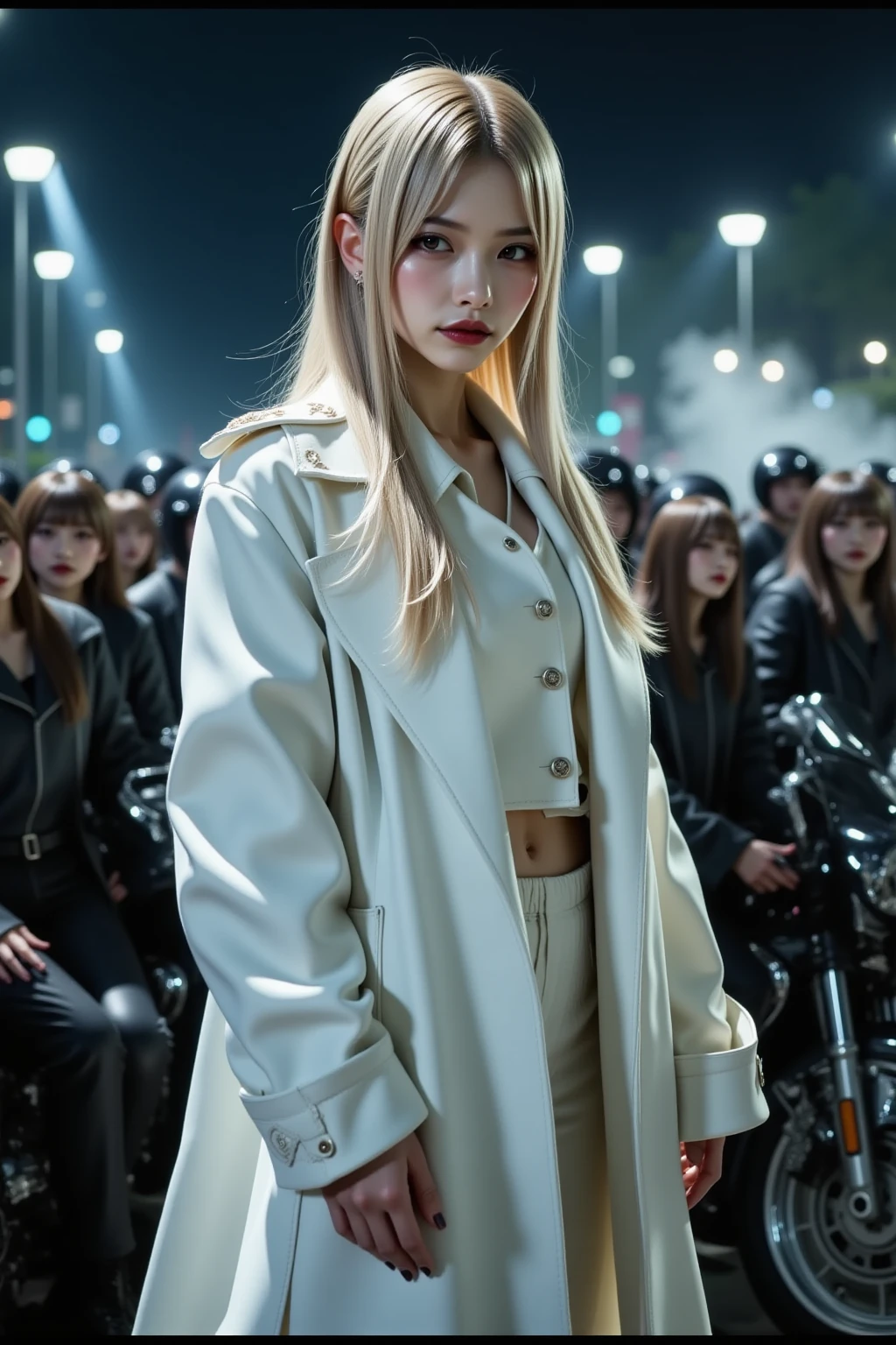 masterpiece, top-quality, top-quality, Beautifully Aesthetic:1.2, ((3 girls)), 
((Middle girl is Wearing a high-quality , micro ):1.2), high detailed, 
((Left girl is Wearing a high-quality , micro ):1.2), high detailed, 
((Right girl is Wearing a high-quality micro ):1.2), high detailed, 
(Three girls are standing side by side in a neat line:1.3), large , firm , nicely shaped , slender figure, 
(((Bleached gold Hair))), wavy hair, (short hair:1.2), 
((At the middle of most crowded Shibuya Scramble Crossing at late night:1.2)), ((Surrounded by many women dancing for Three girls)), (Full body shot:1.1), (Looking at viewer), women only