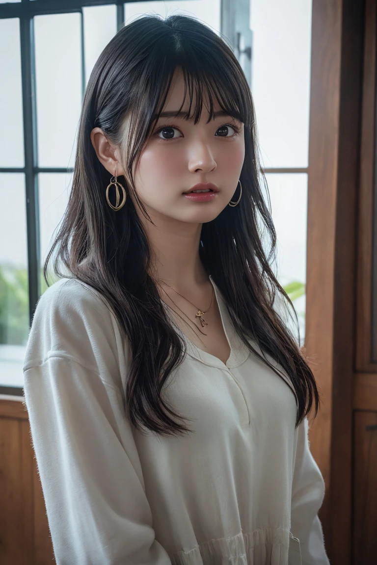 Dressed in a white T-shirt、